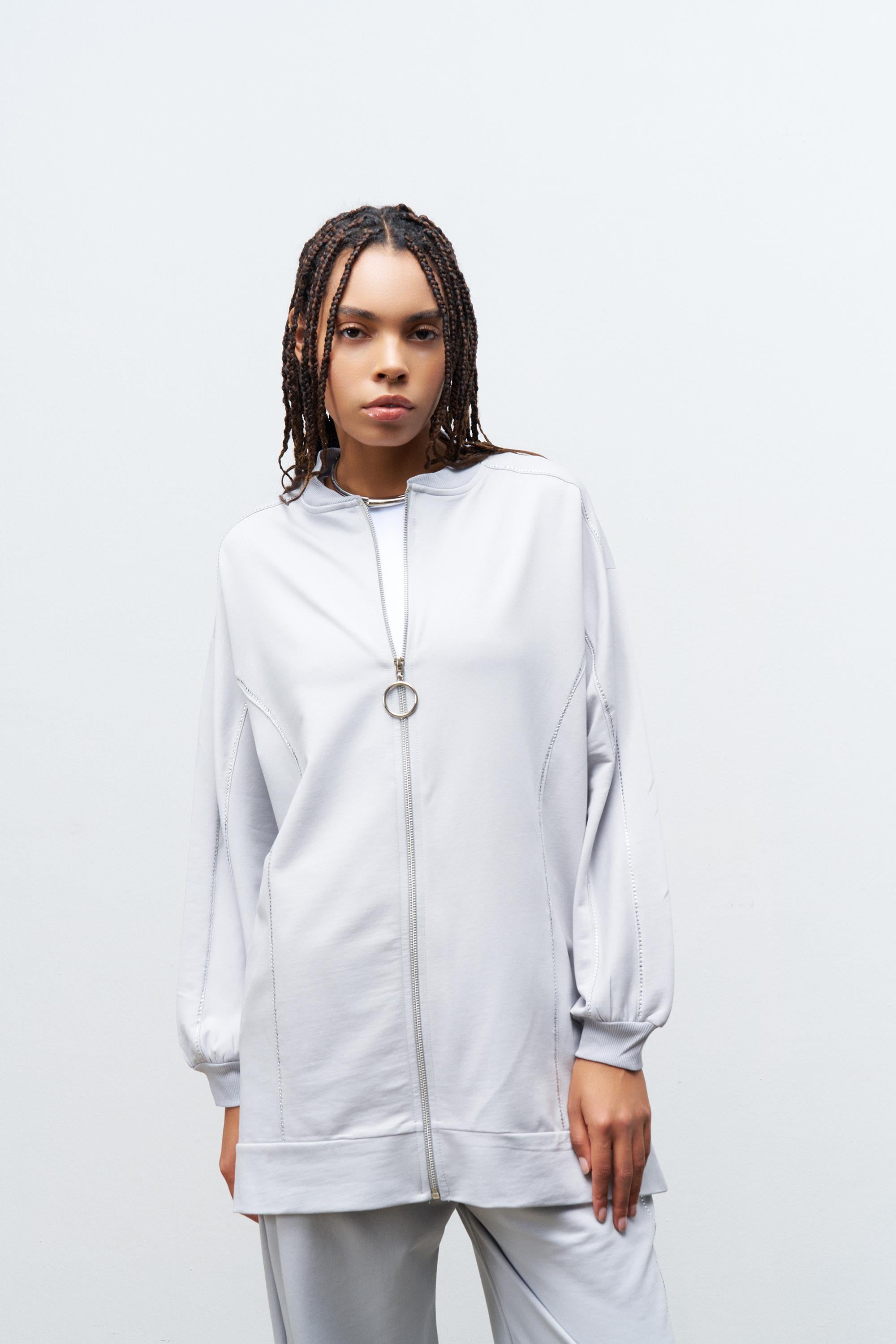 Boyalı Gri Kadın Taş Detaylı Fermuarlı Pamuklu Örme Alt Üst Takım