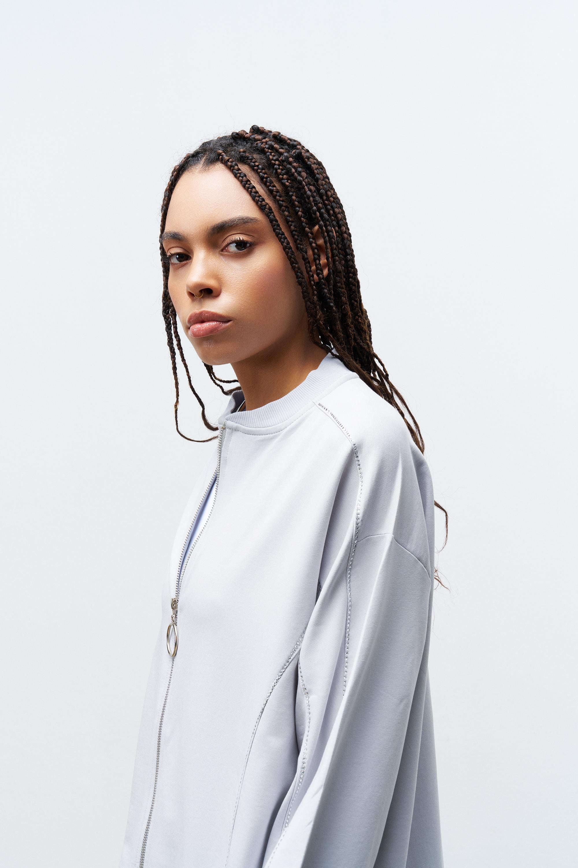 Boyalı Gri Kadın Taş Detaylı Fermuarlı Pamuklu Örme Alt Üst Takım