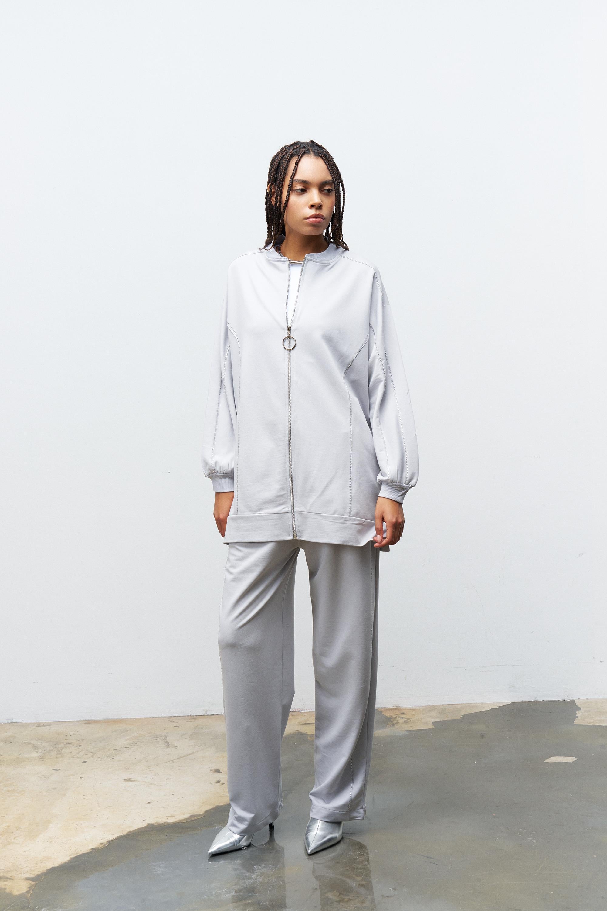 Boyalı Gri Kadın Taş Detaylı Fermuarlı Pamuklu Örme Alt Üst Takım