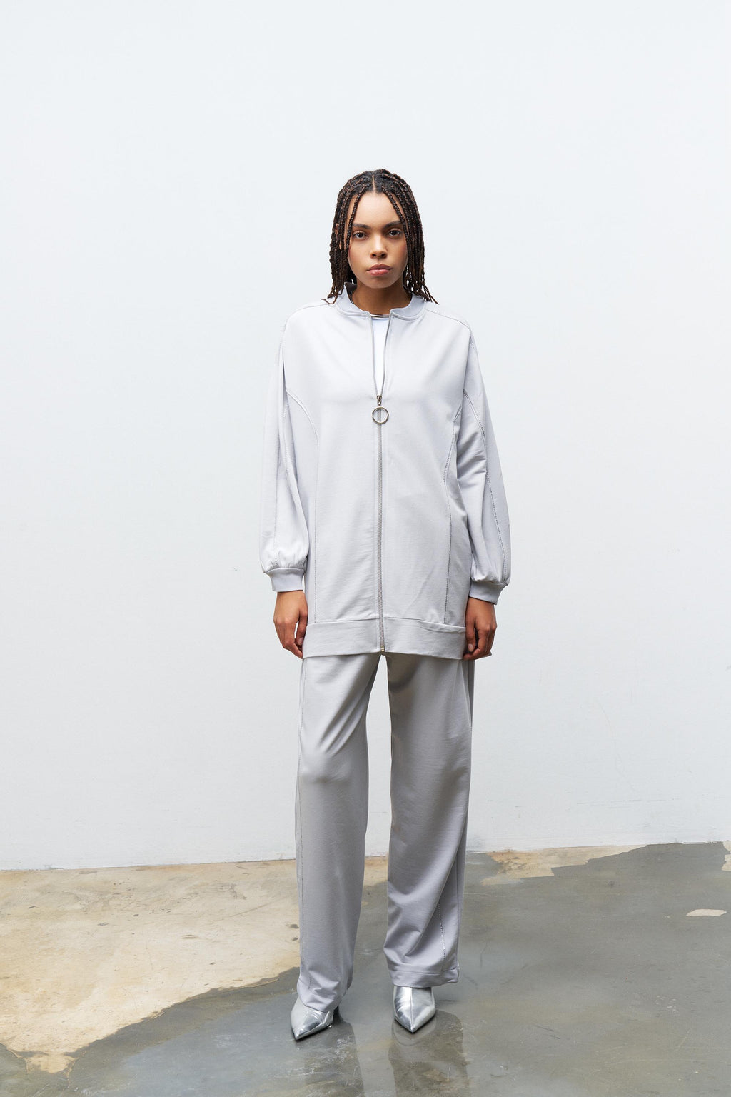 Boyalı Gri Kadın Taş Detaylı Fermuarlı Pamuklu Örme Alt Üst Takım