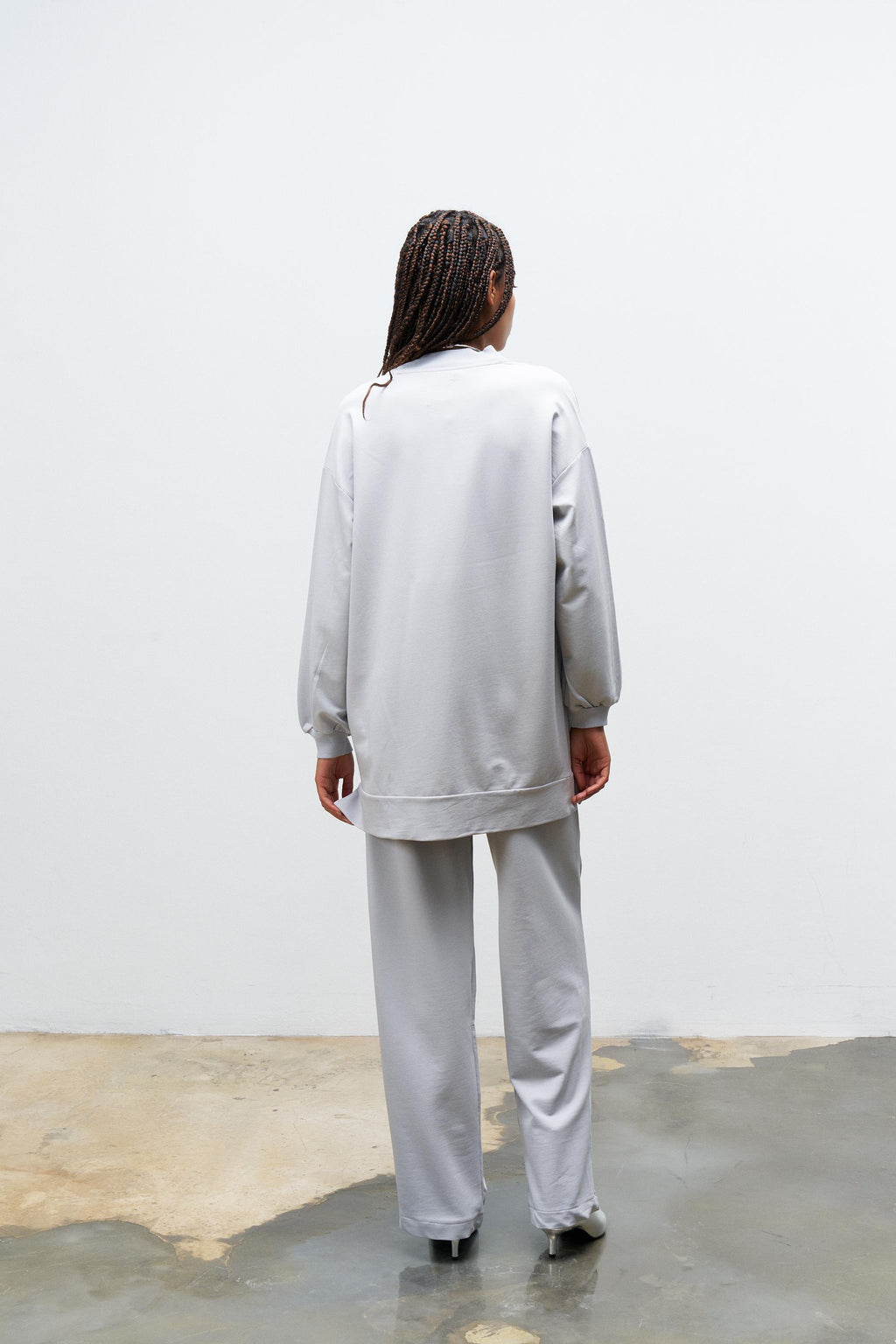 Boyalı Gri Kadın Taş Detaylı Fermuarlı Pamuklu Örme Alt Üst Takım