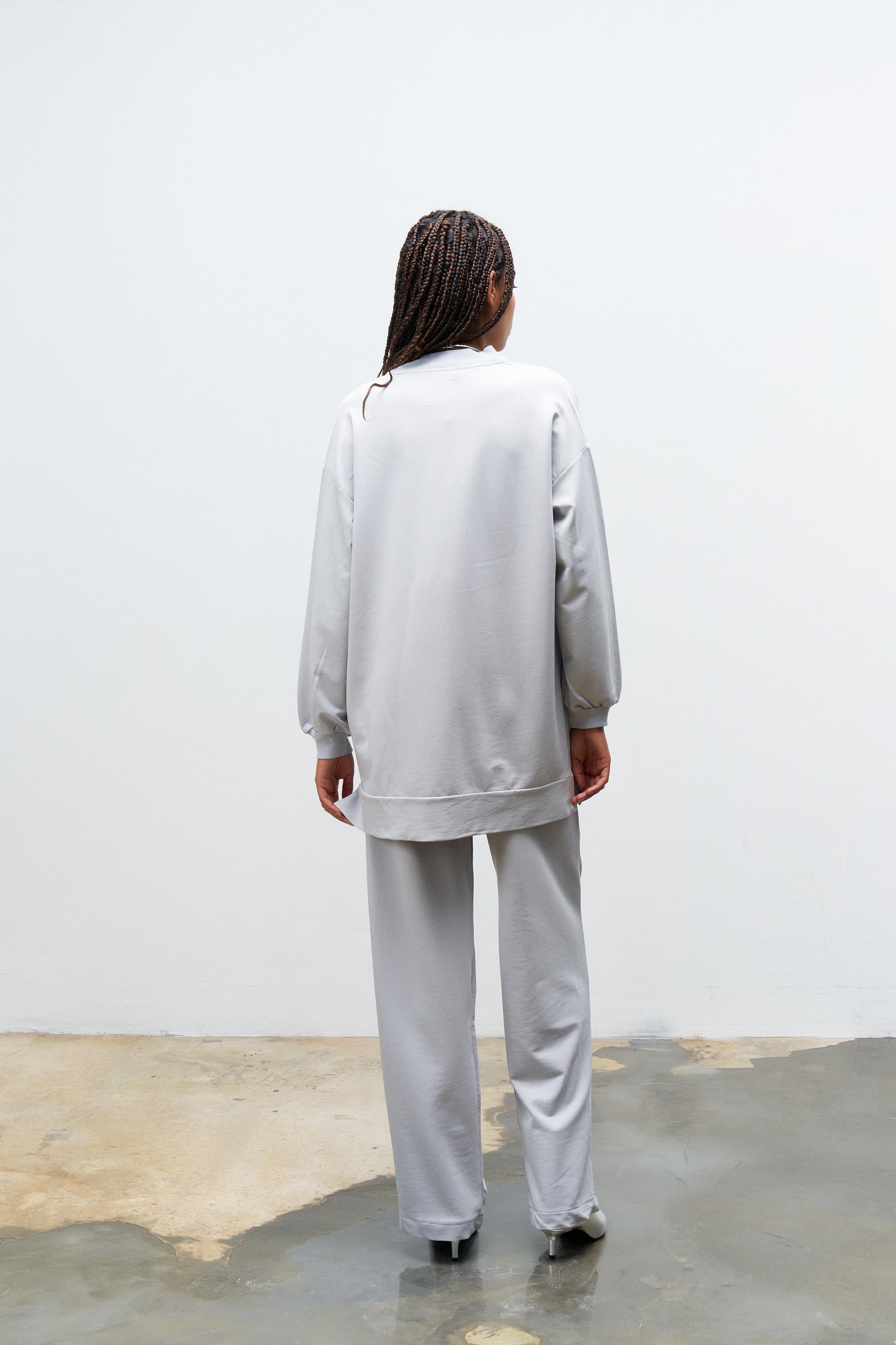 Boyalı Gri Kadın Taş Detaylı Fermuarlı Pamuklu Örme Alt Üst Takım