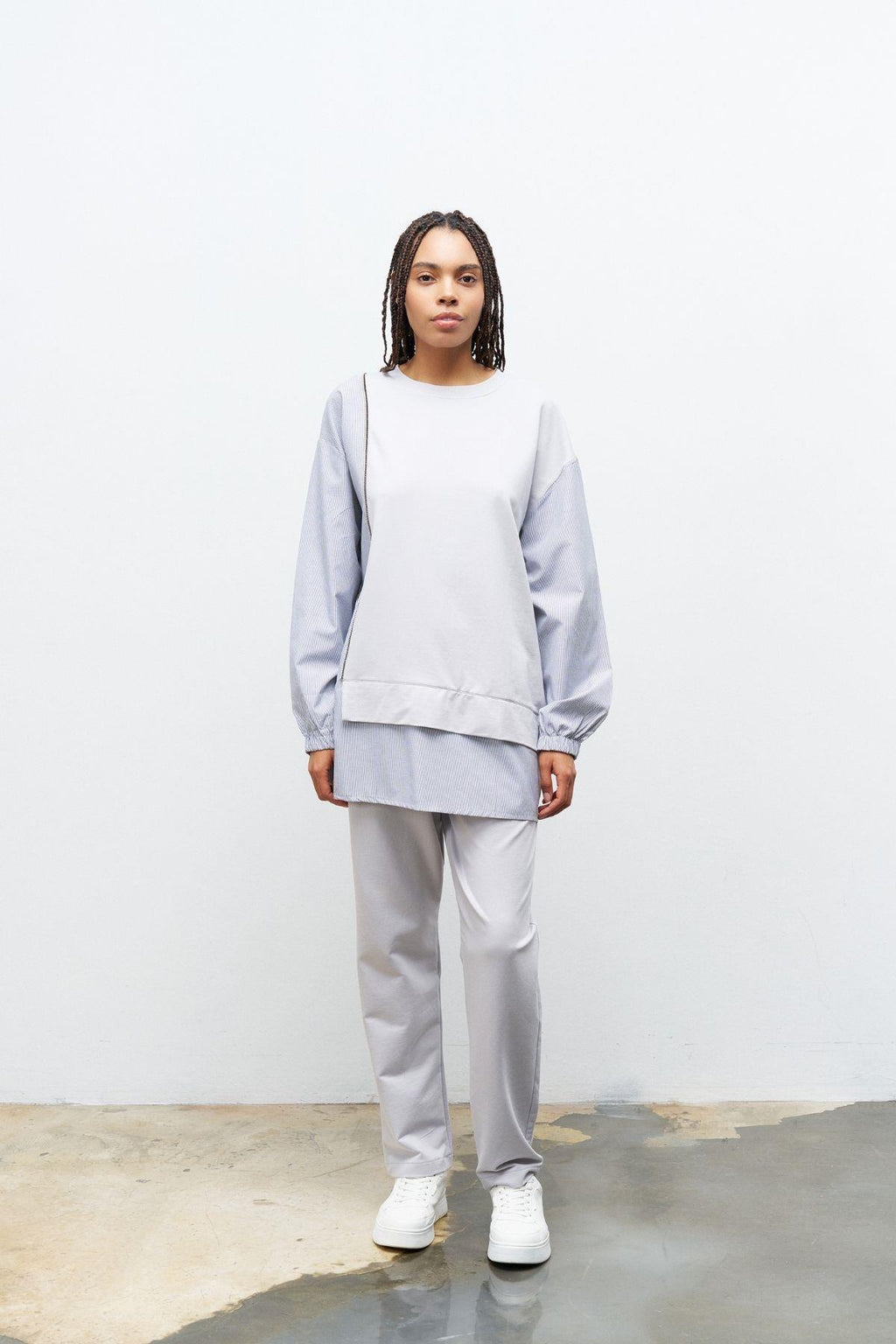 Boyalı Gri Kadın Üst Dokumalı Taş Şerit Detaylı Pamuklu Örme Alt Üst Takım