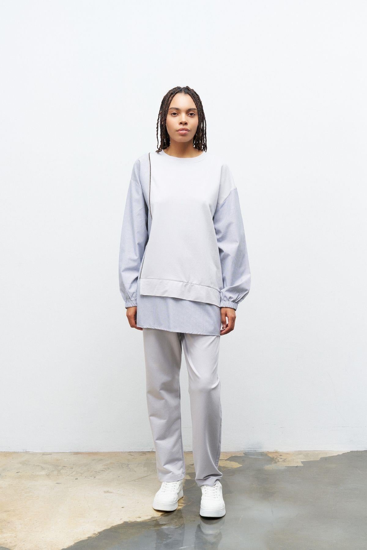 Boyalı Gri Kadın Üst Dokumalı Taş Şerit Detaylı Pamuklu Örme Alt Üst Takım