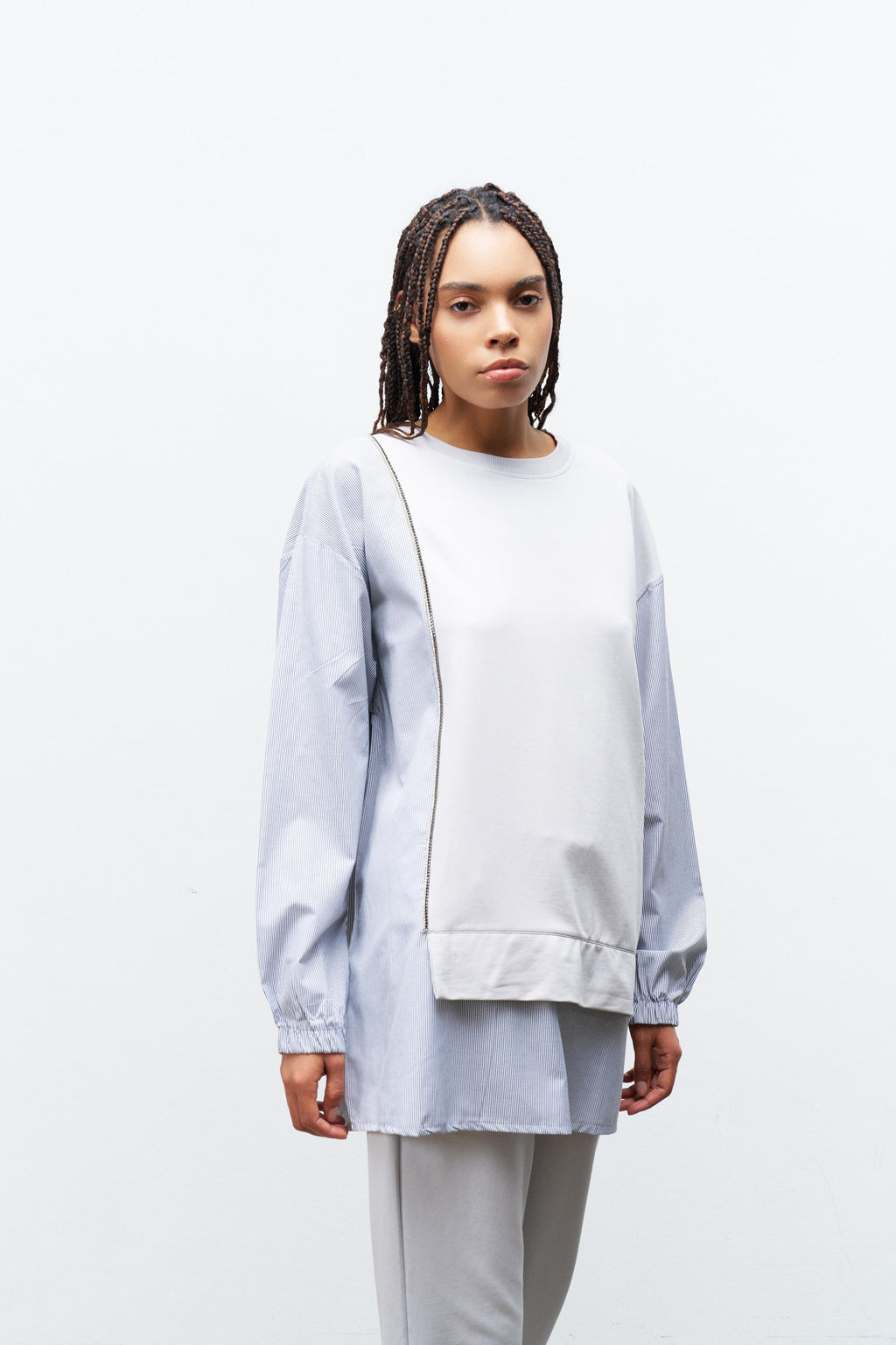 Boyalı Gri Kadın Üst Dokumalı Taş Şerit Detaylı Pamuklu Örme Alt Üst Takım