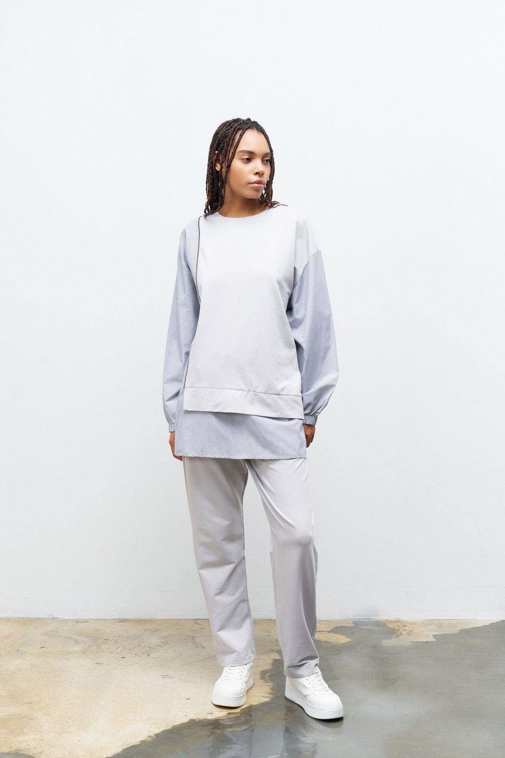 Boyalı Gri Kadın Üst Dokumalı Taş Şerit Detaylı Pamuklu Örme Alt Üst Takım