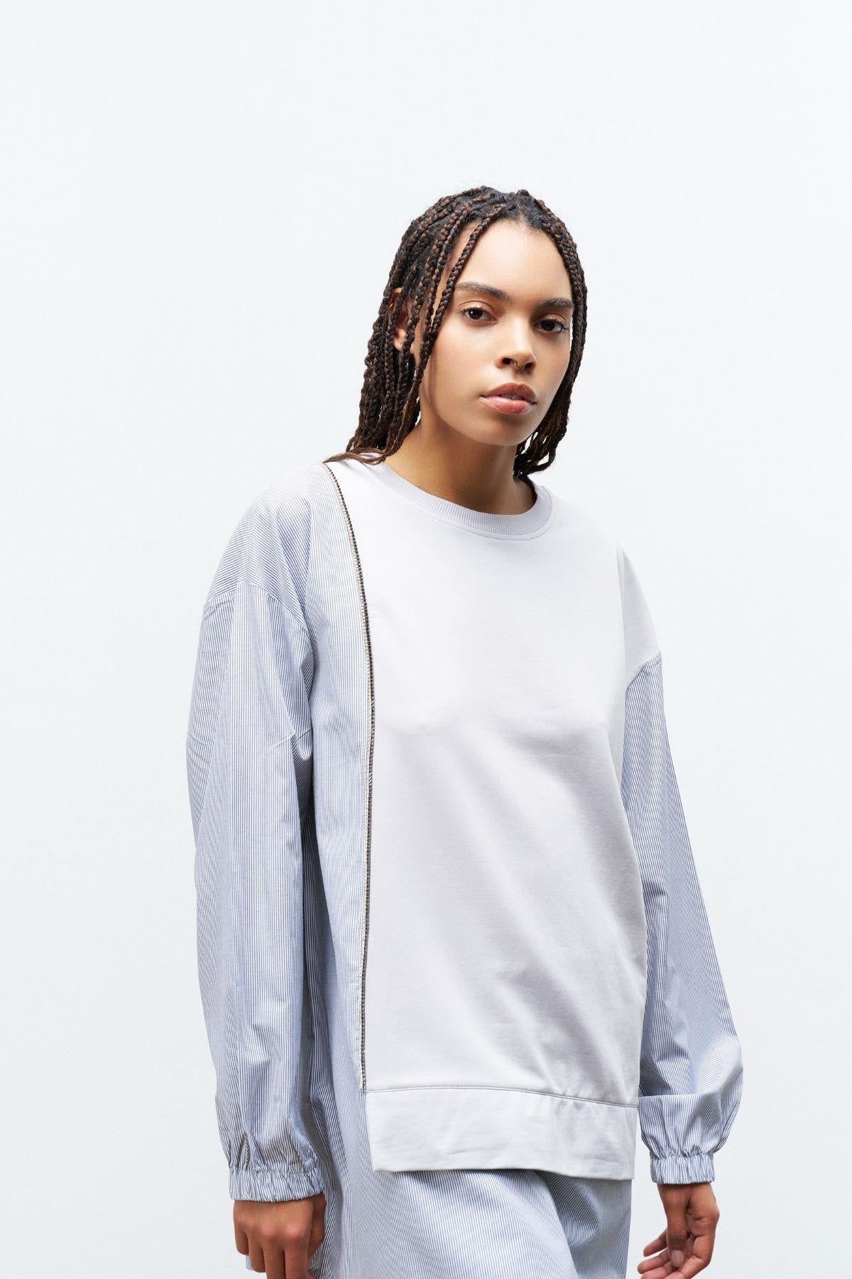 Boyalı Gri Kadın Üst Dokumalı Taş Şerit Detaylı Pamuklu Örme Alt Üst Takım