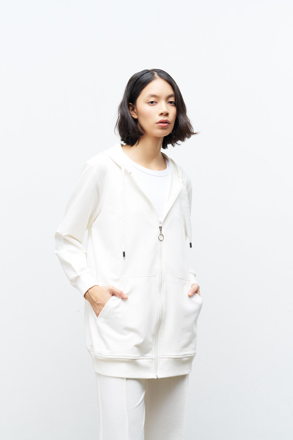 Ekru Kadın Cep Detaylı Fermuar Kapamalı Kapüşonlu Alt Üst Pamuklu Örme Takım