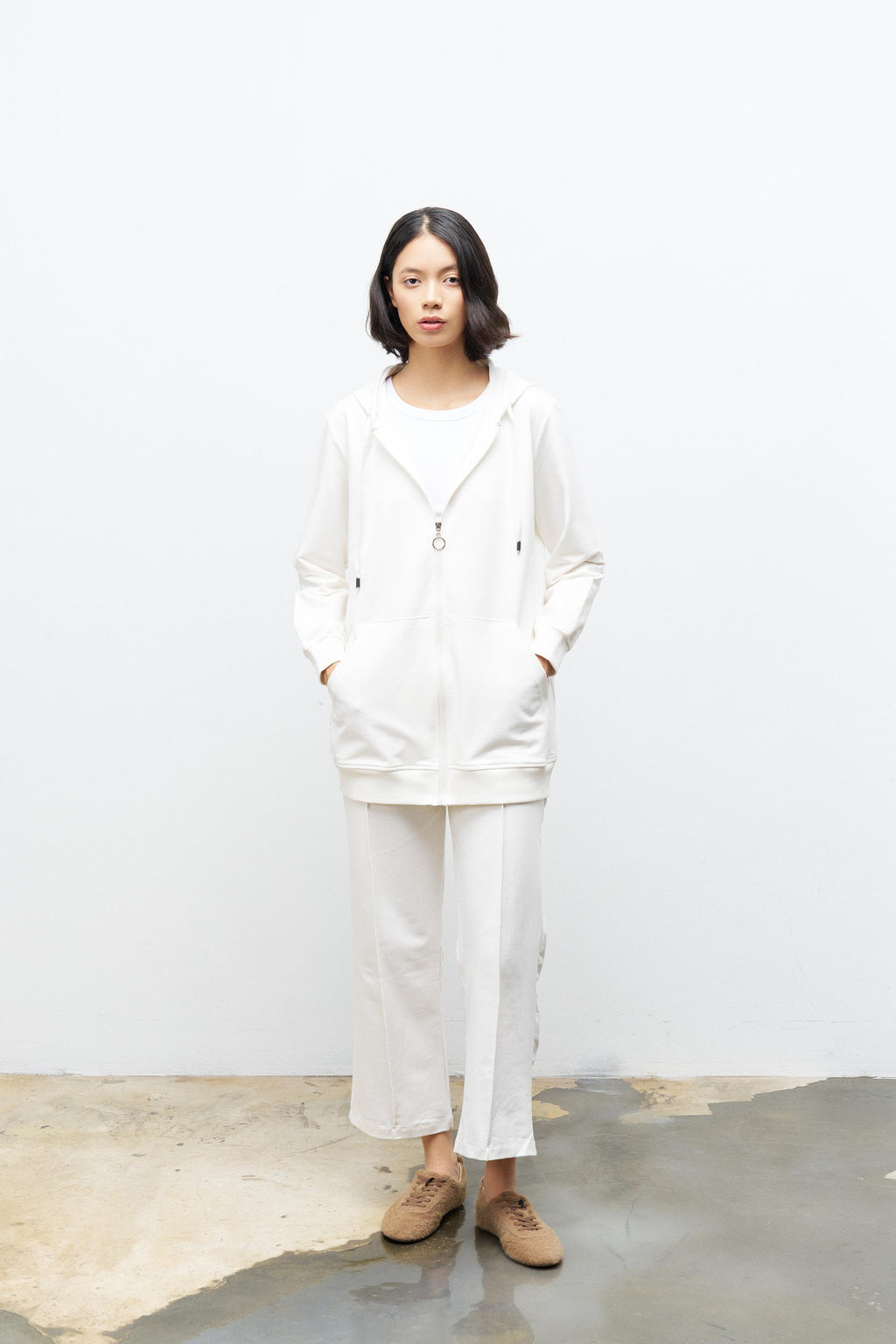 Ekru Kadın Cep Detaylı Fermuar Kapamalı Kapüşonlu Alt Üst Pamuklu Örme Takım