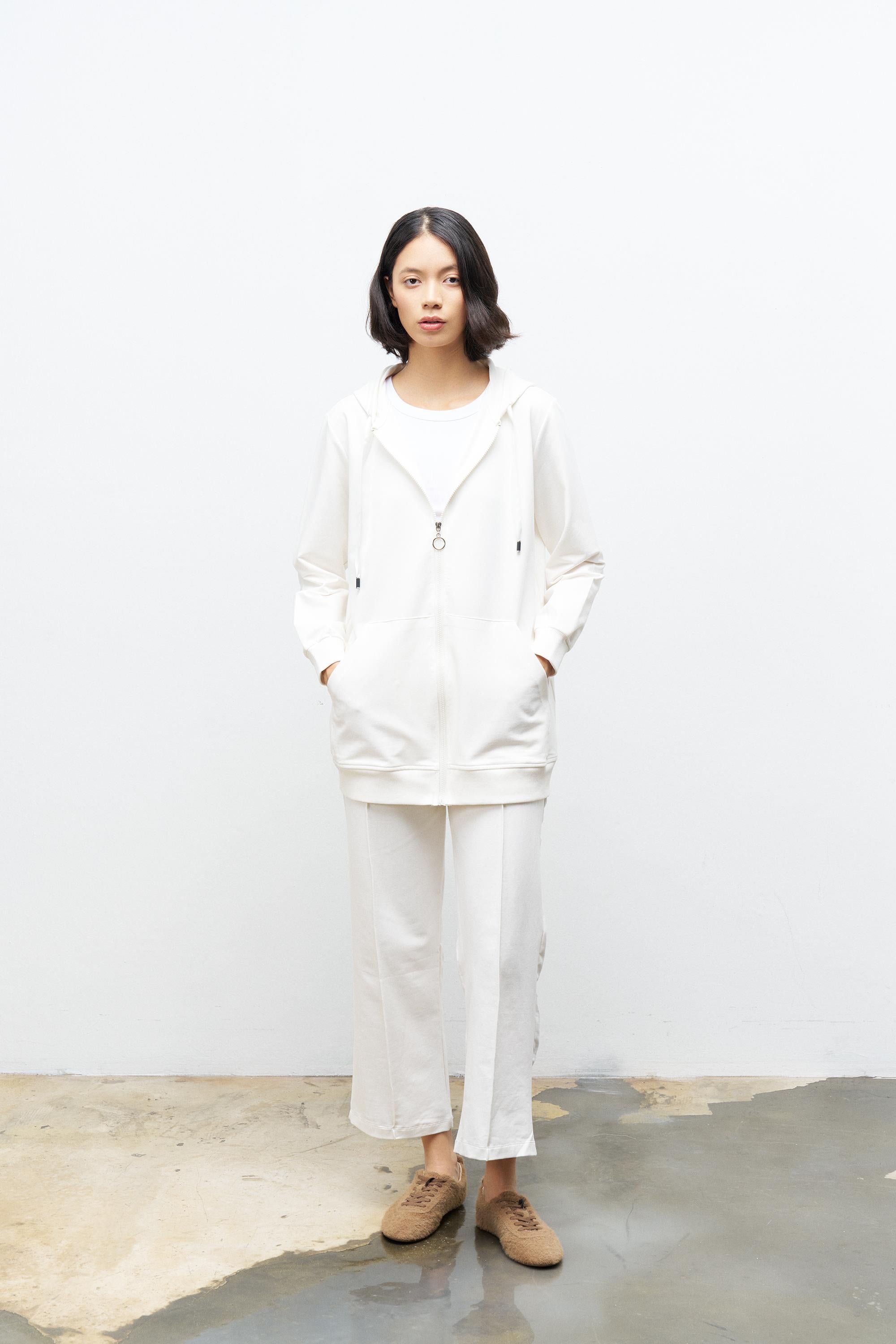 Ekru Kadın Cep Detaylı Fermuar Kapamalı Kapüşonlu Alt Üst Pamuklu Örme Takım