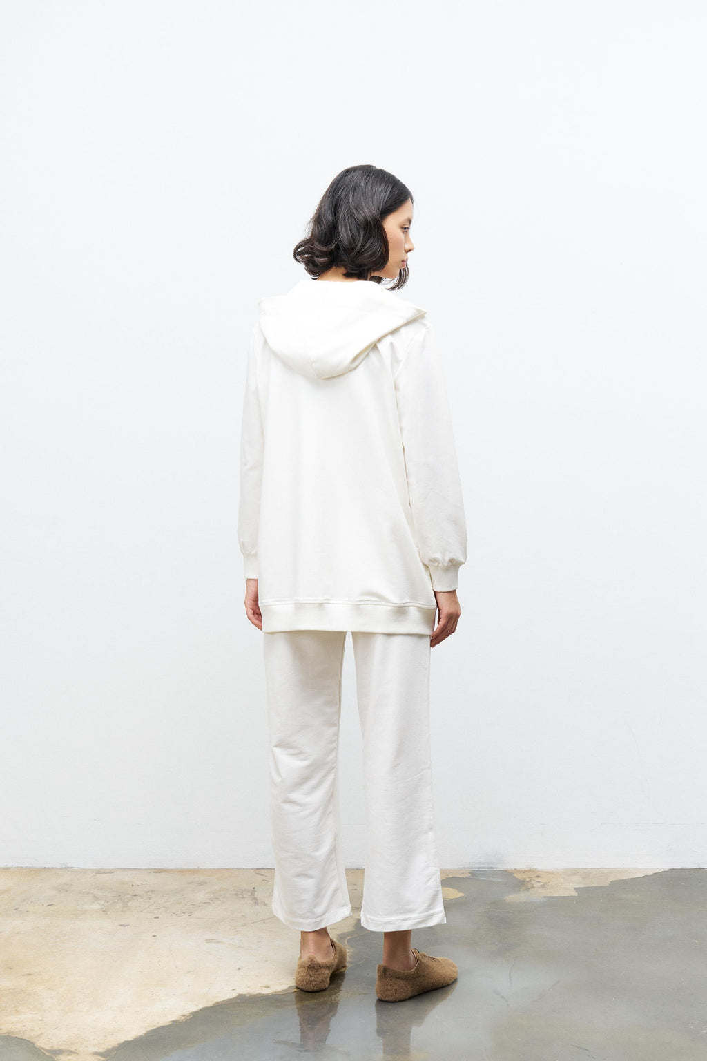 Ekru Kadın Cep Detaylı Fermuar Kapamalı Kapüşonlu Alt Üst Pamuklu Örme Takım