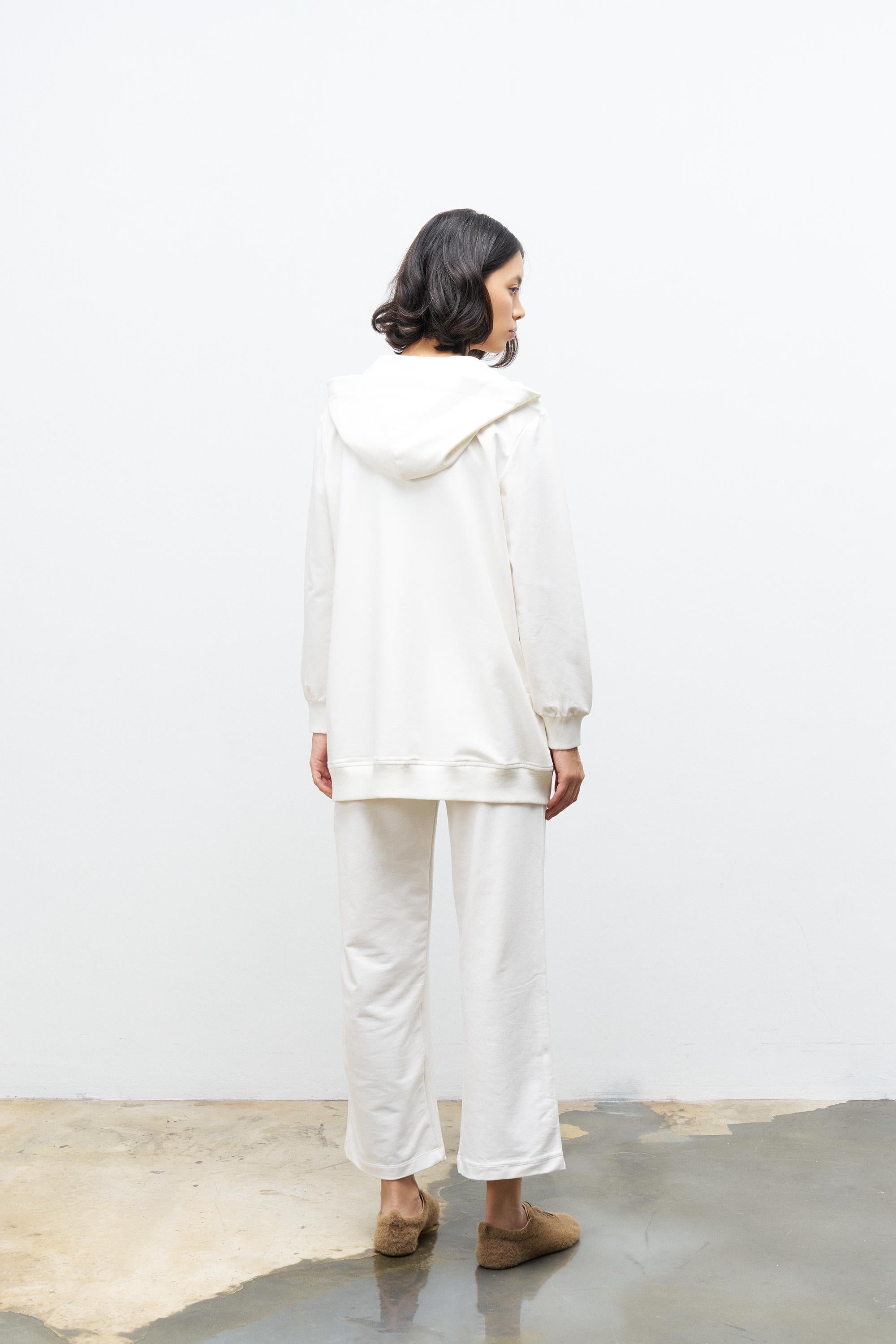 Ekru Kadın Cep Detaylı Fermuar Kapamalı Kapüşonlu Alt Üst Pamuklu Örme Takım