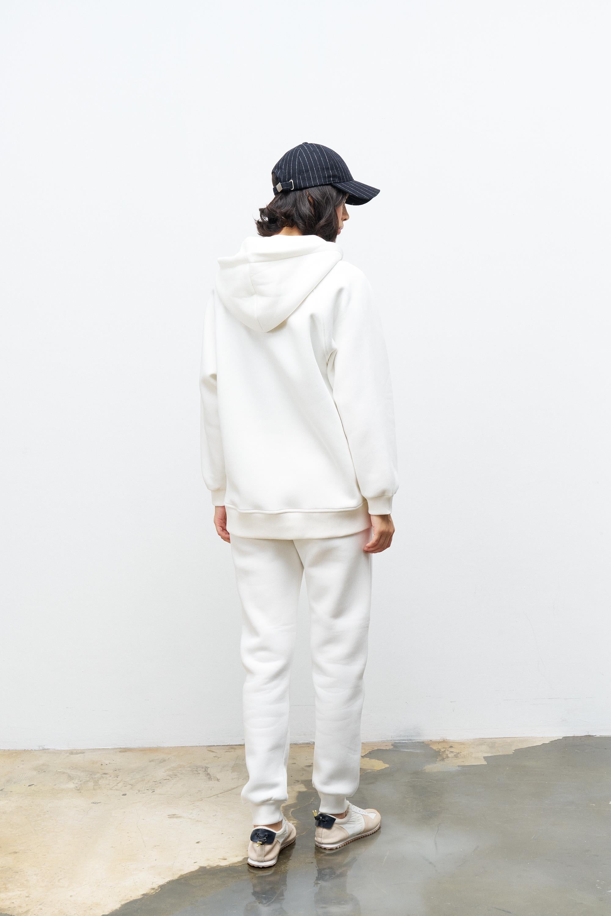 Ekru Kadın Cep Etiket Detaylı  Kapüşonlu İçi Polarlı Alt Üst Takım