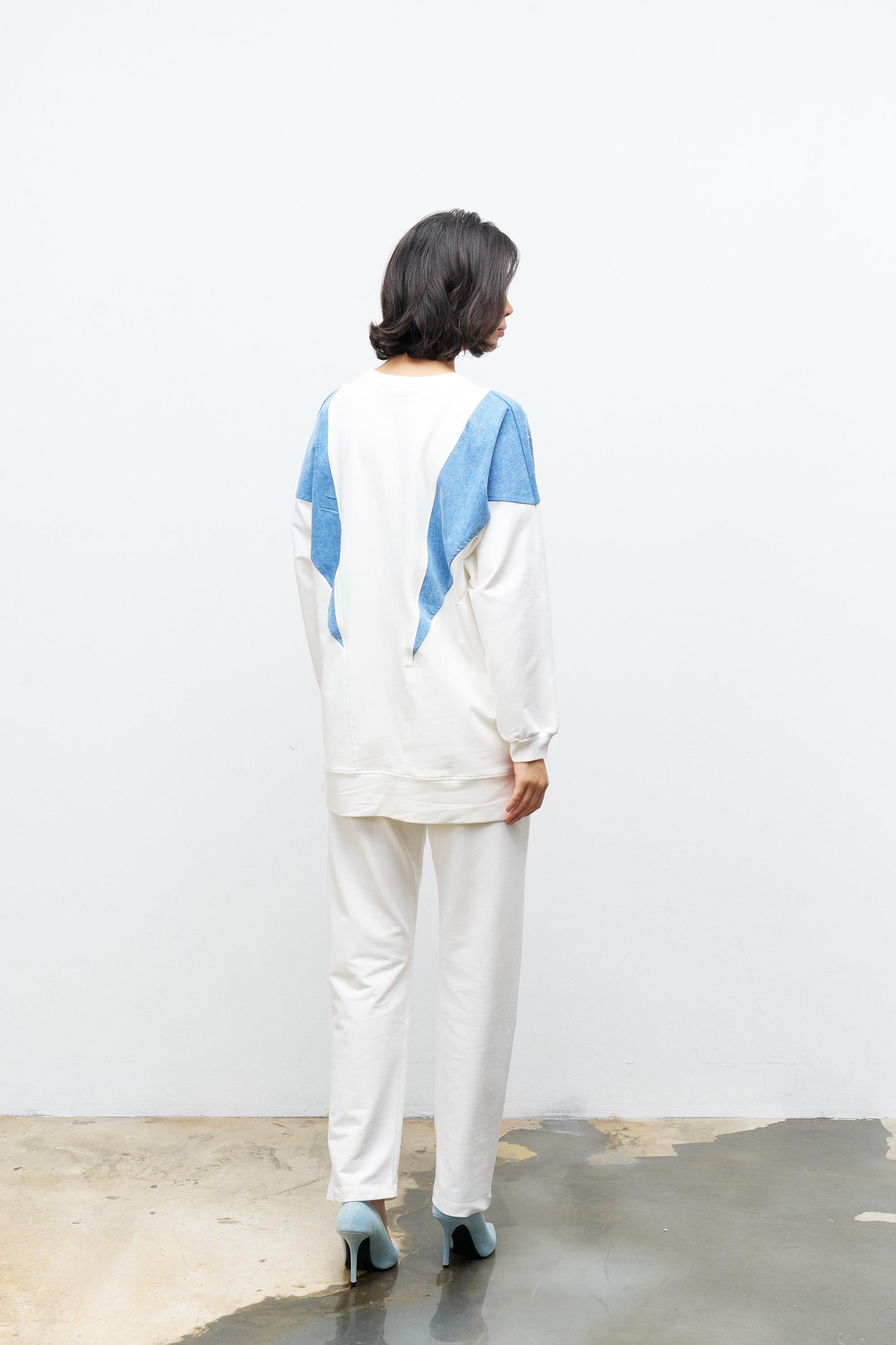 Ekru Kadın Denim Garni Üzeri Taş Detaylı Ve Bel Lastikli Dar Paça Pantolon  Örme Alt Üst Takım