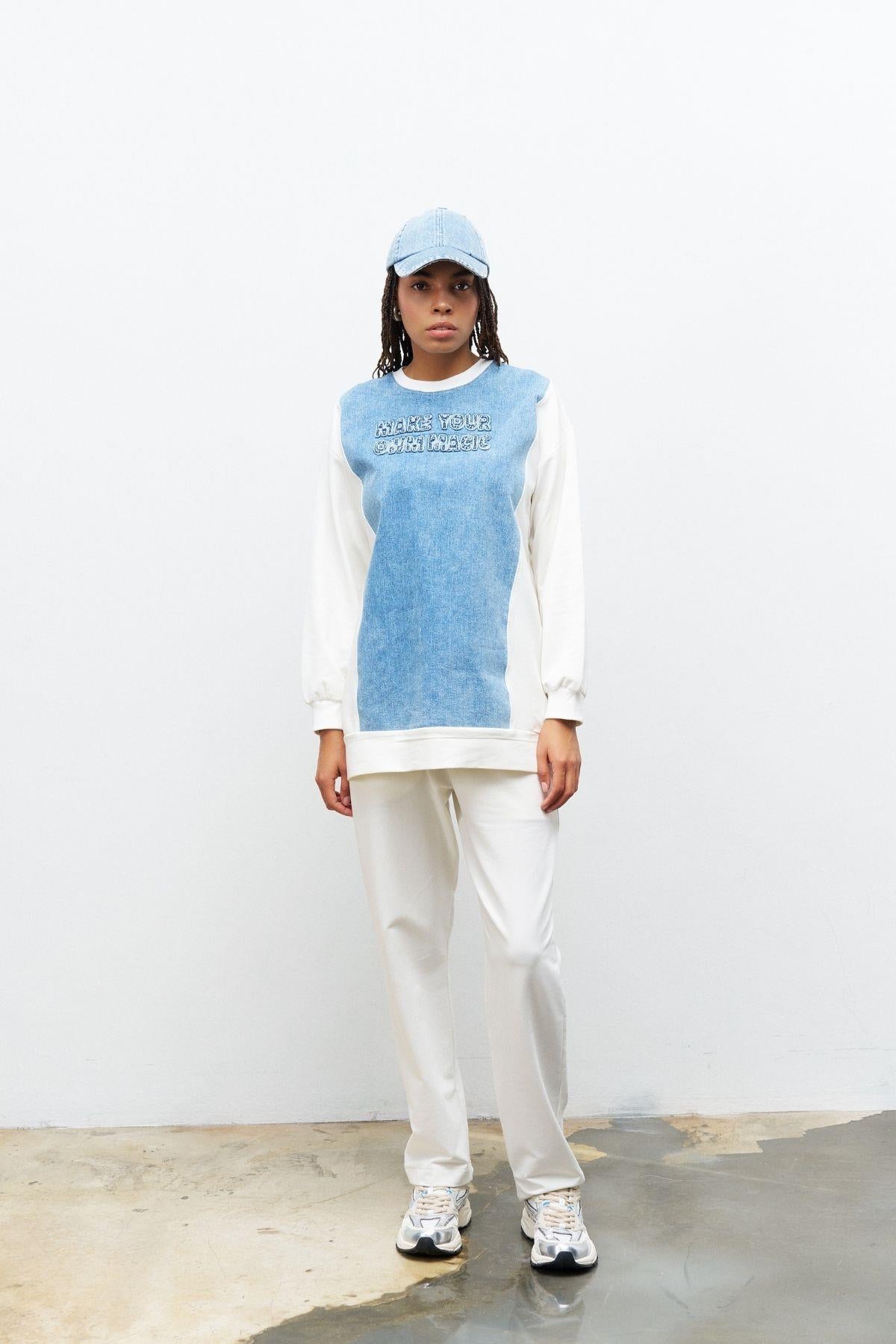 Ekru Kadın Denim Üzeri Nakış İşlemeli Bisiklet Yaka Sweatshirt  Dar Paça Pantolon Pamuklu Örme Alt Üst Takım