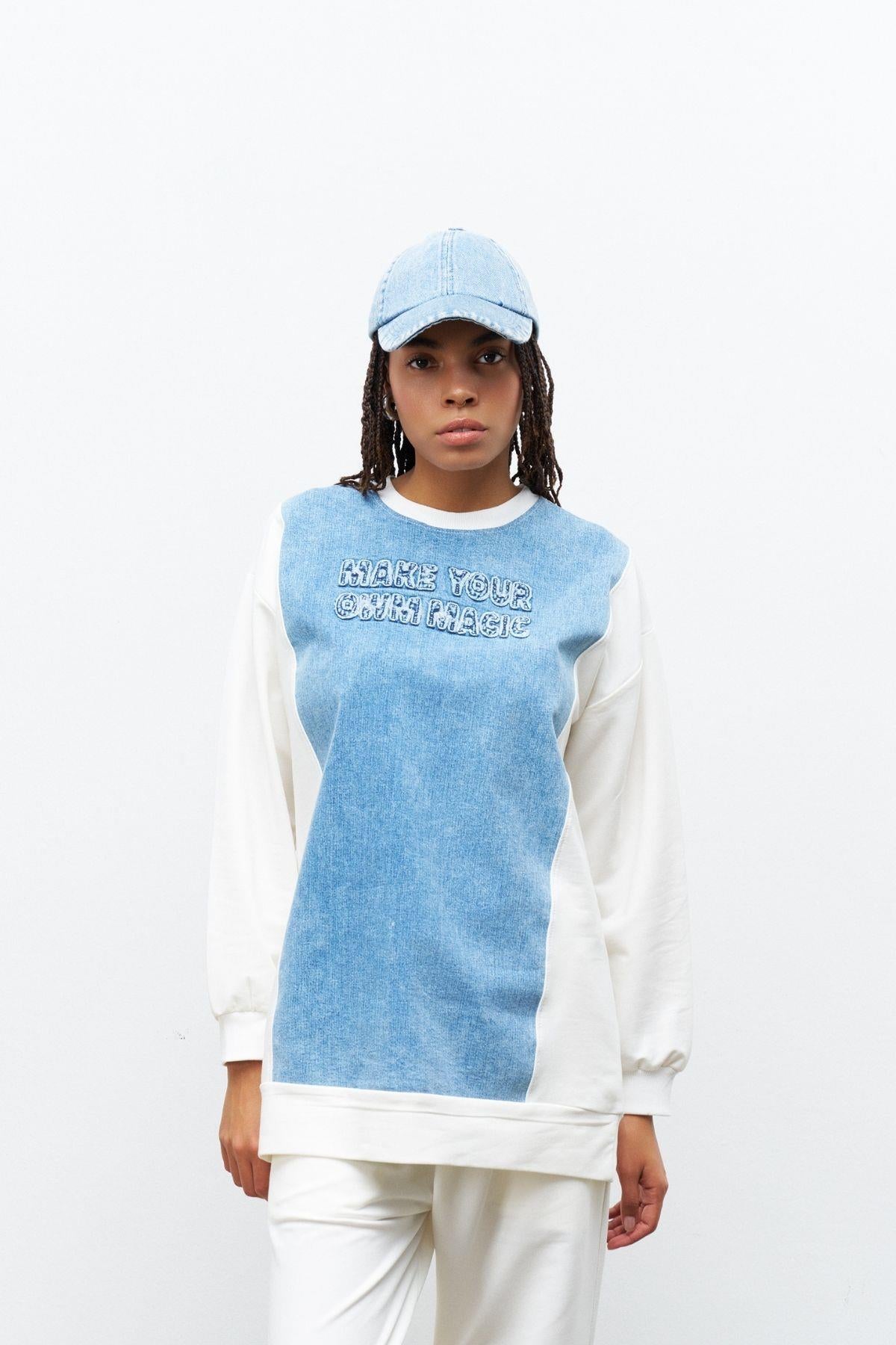 Ekru Kadın Denim Üzeri Nakış İşlemeli Bisiklet Yaka Sweatshirt  Dar Paça Pantolon Pamuklu Örme Alt Üst Takım