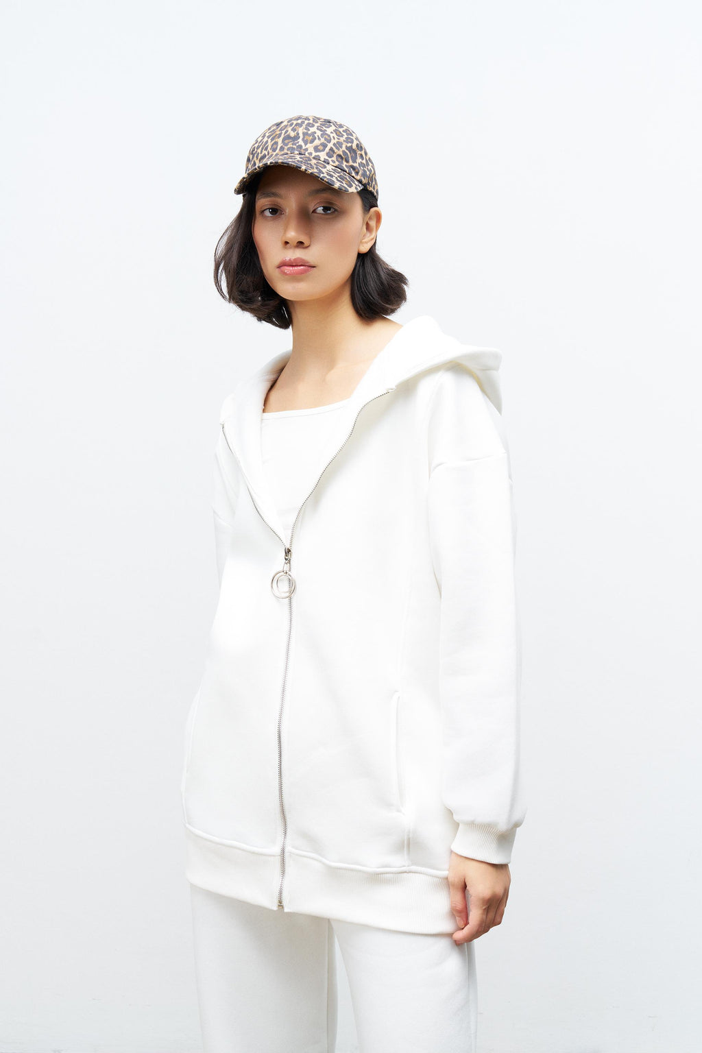 Ekru Kadın Fermuar Detaylu Atlet-Alt-Üst 3'lü İçi Polarlı Şardonlu Takım