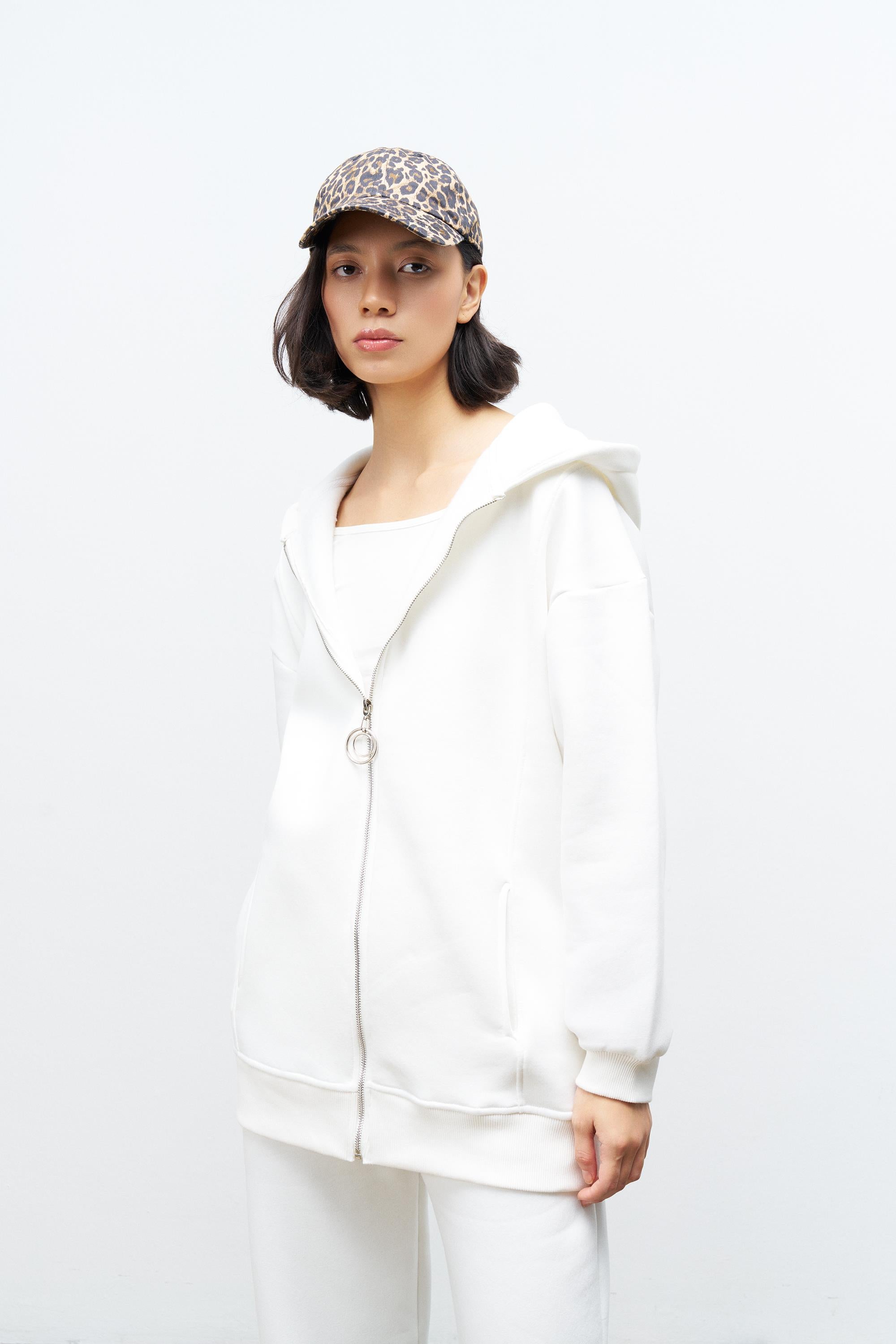 Ekru Kadın Fermuar Detaylu Atlet-Alt-Üst 3'lü İçi Polarlı Şardonlu Takım