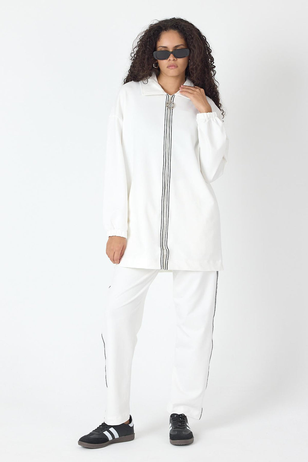 Ekru Kadın Fermuar Kapamalı Şerit Detaylı Gömlek Yaka Pamuklu Örme Alt Üst Takım