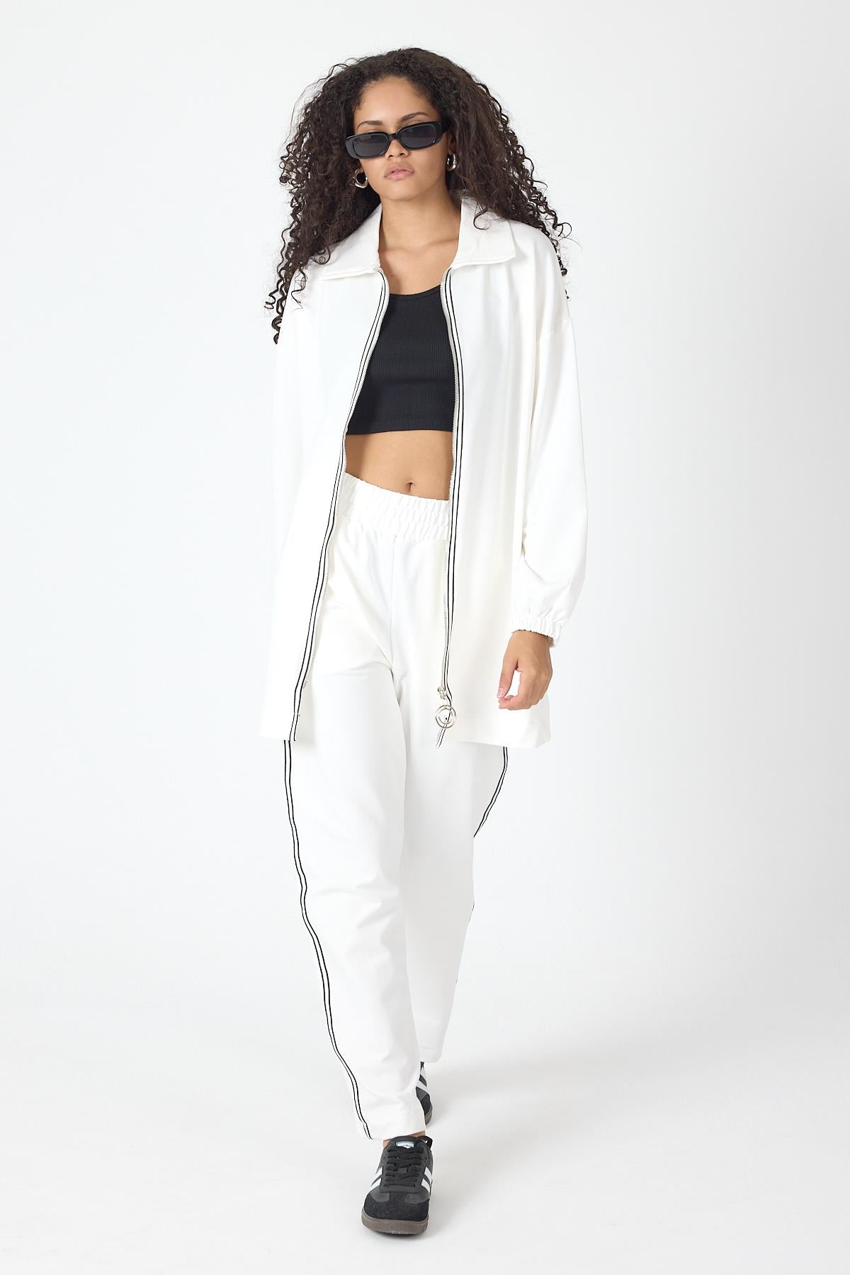 Ekru Kadın Fermuar Kapamalı Şerit Detaylı Gömlek Yaka Pamuklu Örme Alt Üst Takım