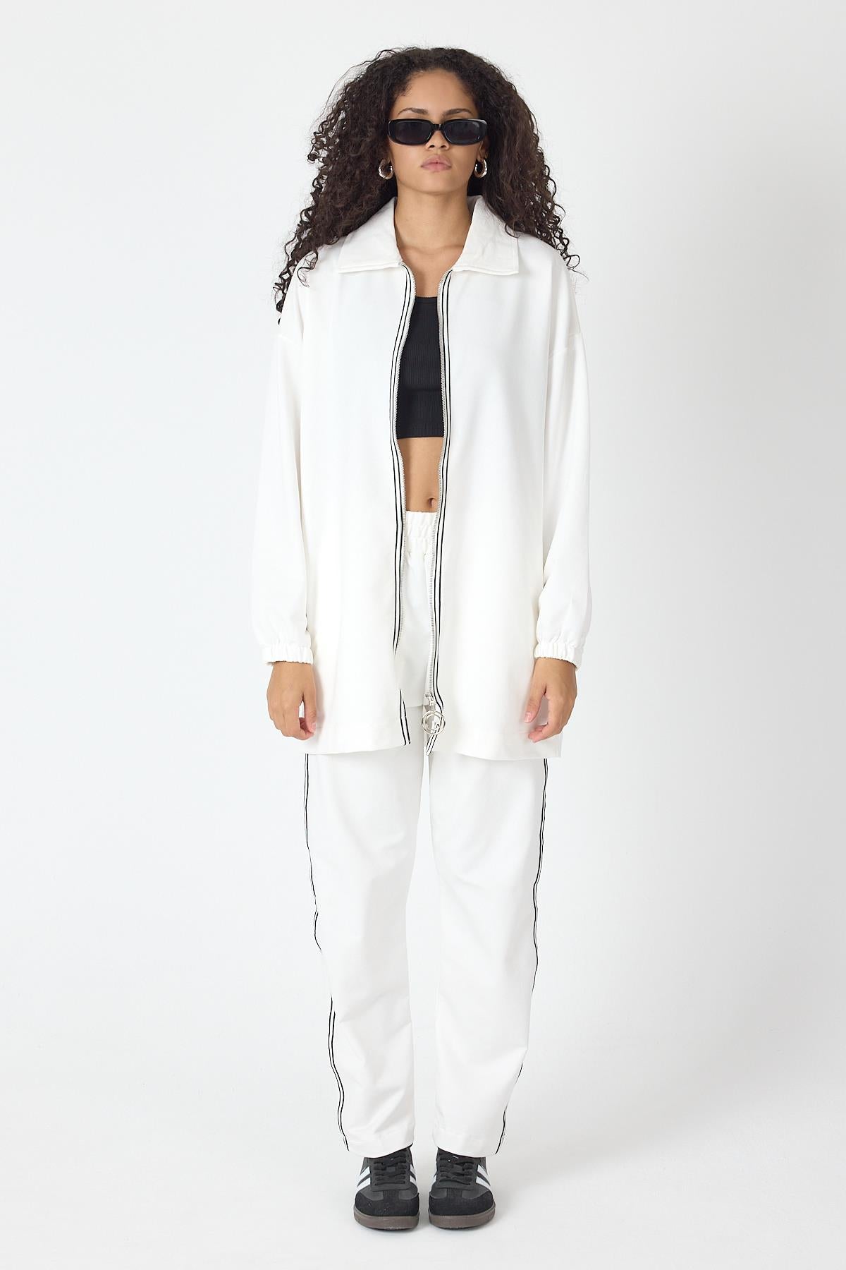 Ekru Kadın Fermuar Kapamalı Şerit Detaylı Gömlek Yaka Pamuklu Örme Alt Üst Takım