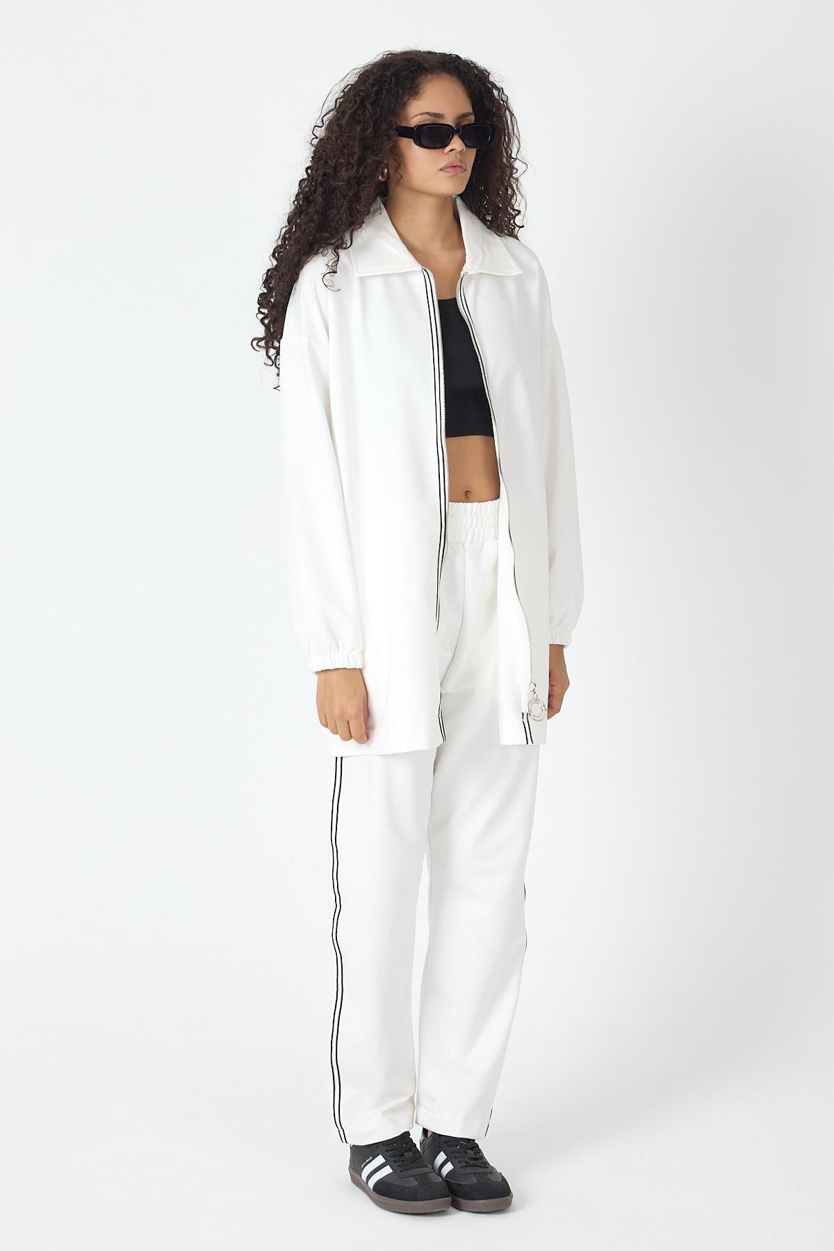 Ekru Kadın Fermuar Kapamalı Şerit Detaylı Gömlek Yaka Pamuklu Örme Alt Üst Takım