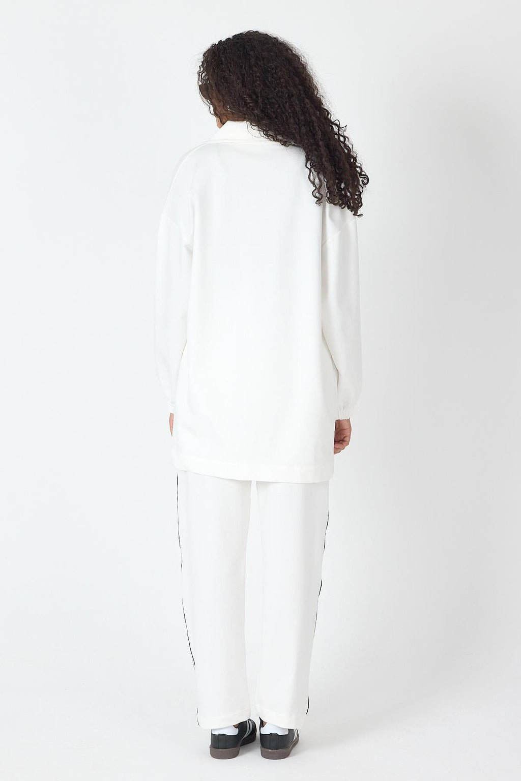 Ekru Kadın Fermuar Kapamalı Şerit Detaylı Gömlek Yaka Pamuklu Örme Alt Üst Takım