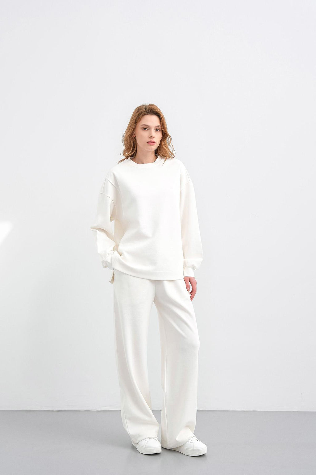 Ekru Kadın Oversize Pike Dokulu Bol Paça Alt-Üst Takım