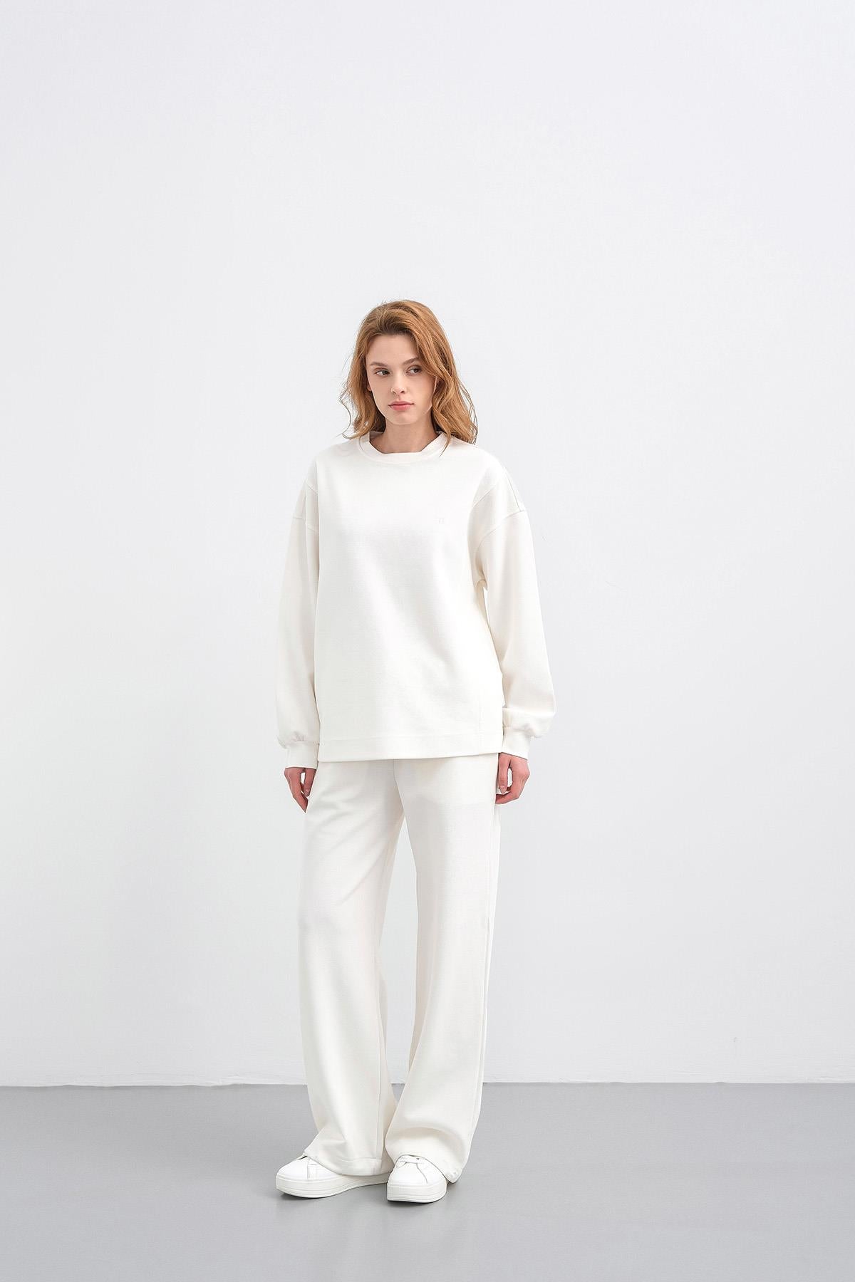 Ekru Kadın Oversize Pike Dokulu Bol Paça Alt-Üst Takım