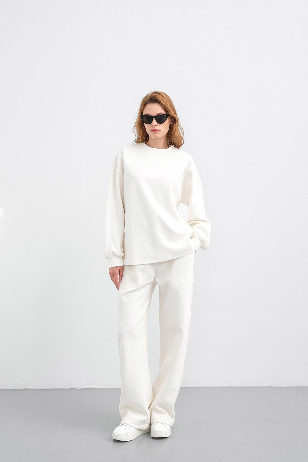 Ekru Kadın Oversize Pike Dokulu Bol Paça Alt-Üst Takım