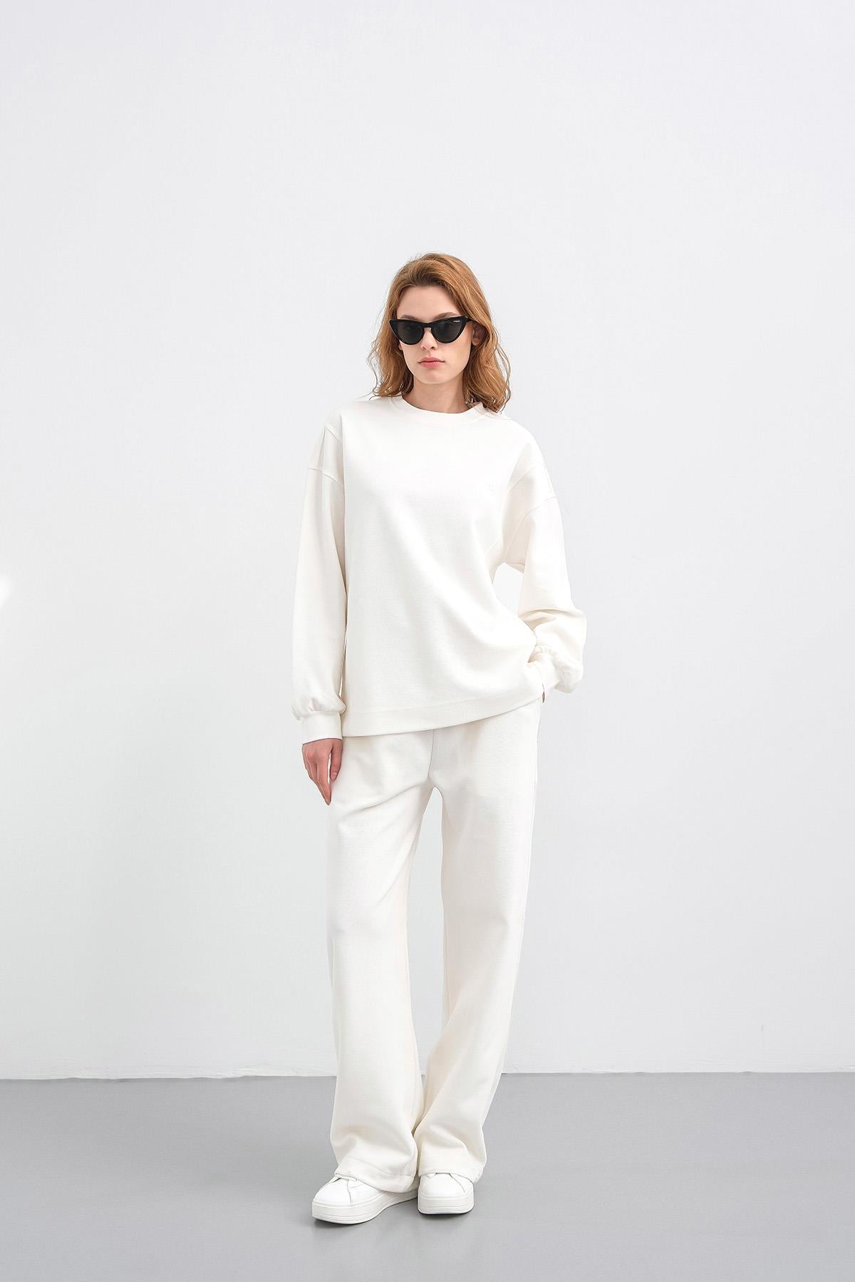 Ekru Kadın Oversize Pike Dokulu Bol Paça Alt-Üst Takım
