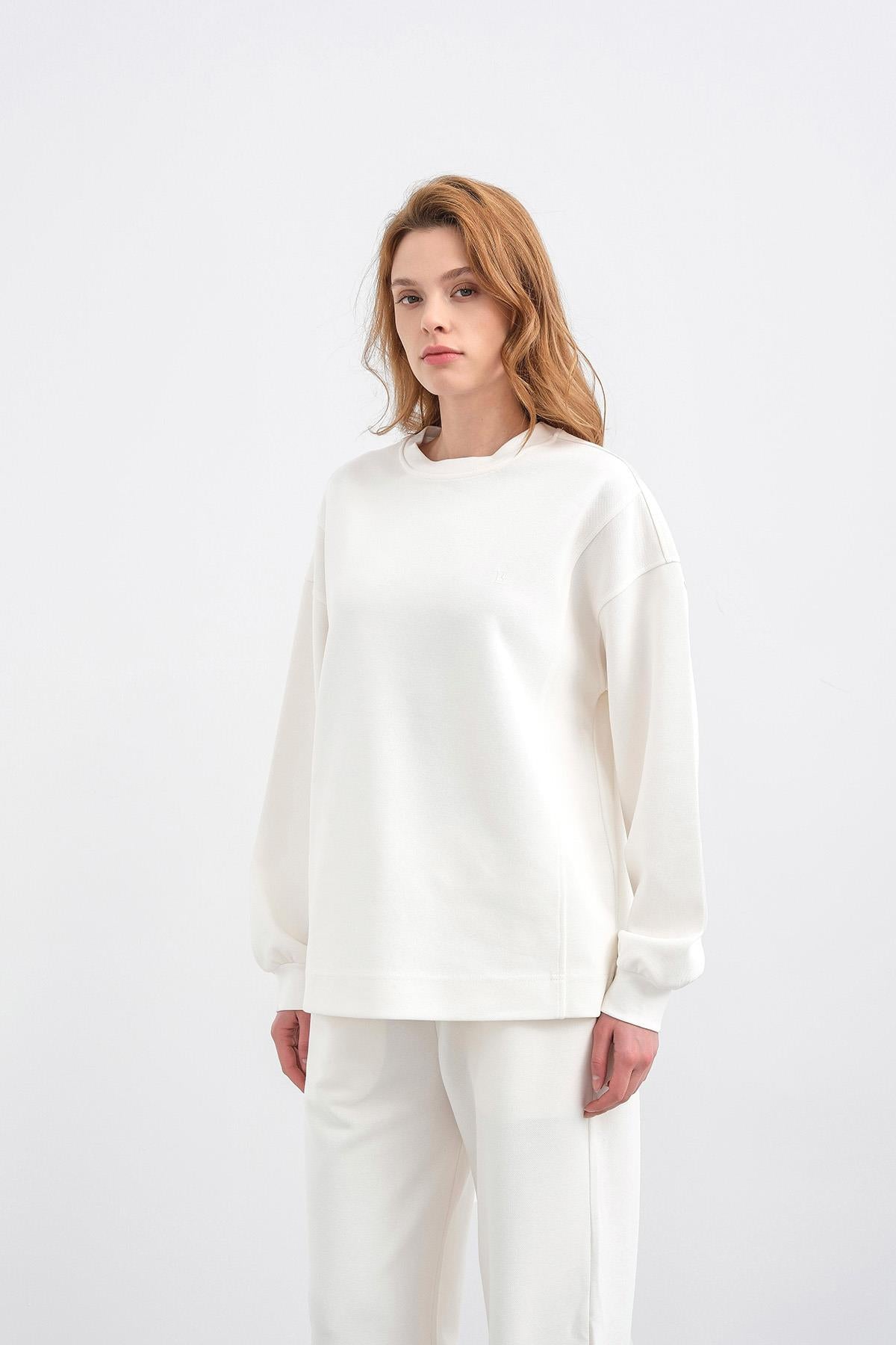 Ekru Kadın Oversize Pike Dokulu Bol Paça Alt-Üst Takım