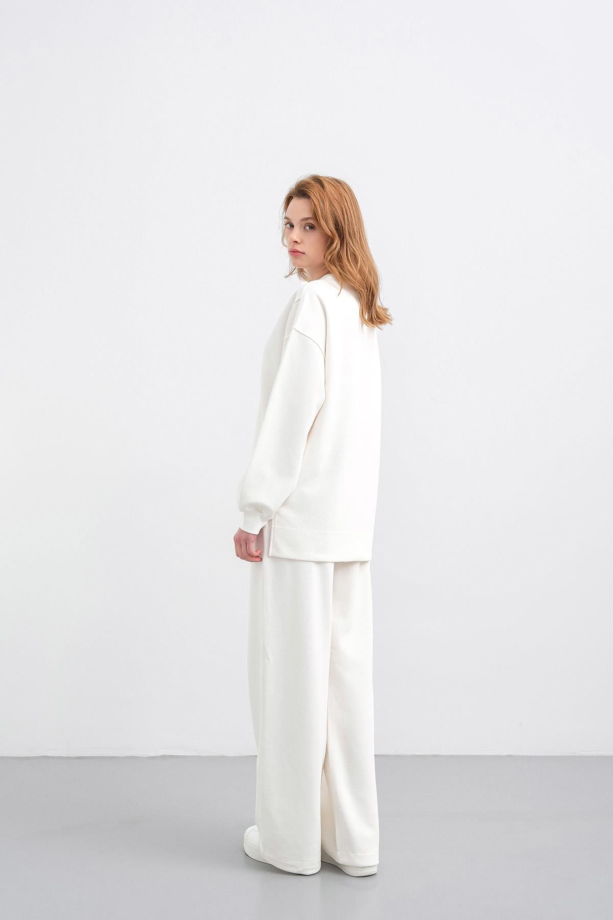 Ekru Kadın Oversize Pike Dokulu Bol Paça Alt-Üst Takım