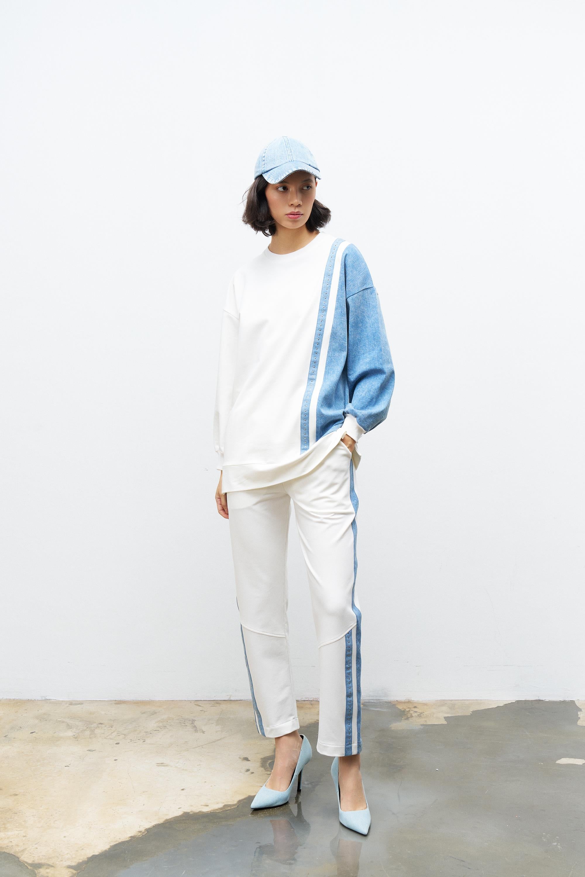 Ekru Kadın  Üst Ve Alt Denim Üzeri Taş Detaylı Pamuklu Örme Alt Üst Takım