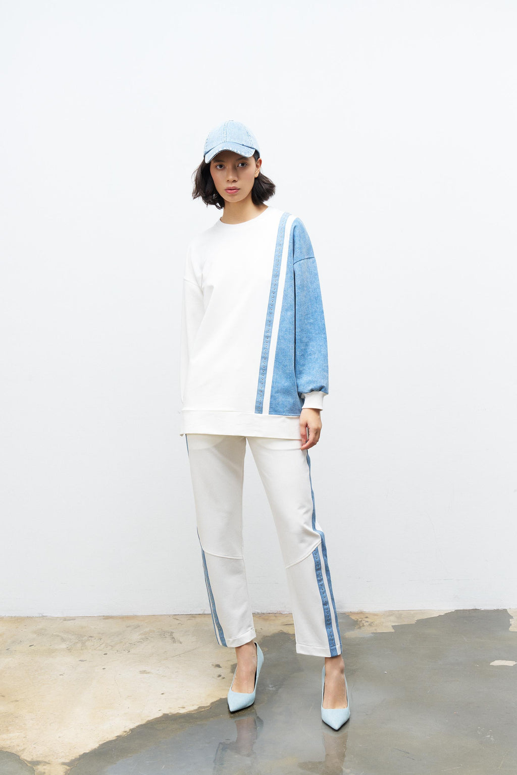 Ekru Kadın  Üst Ve Alt Denim Üzeri Taş Detaylı Pamuklu Örme Alt Üst Takım