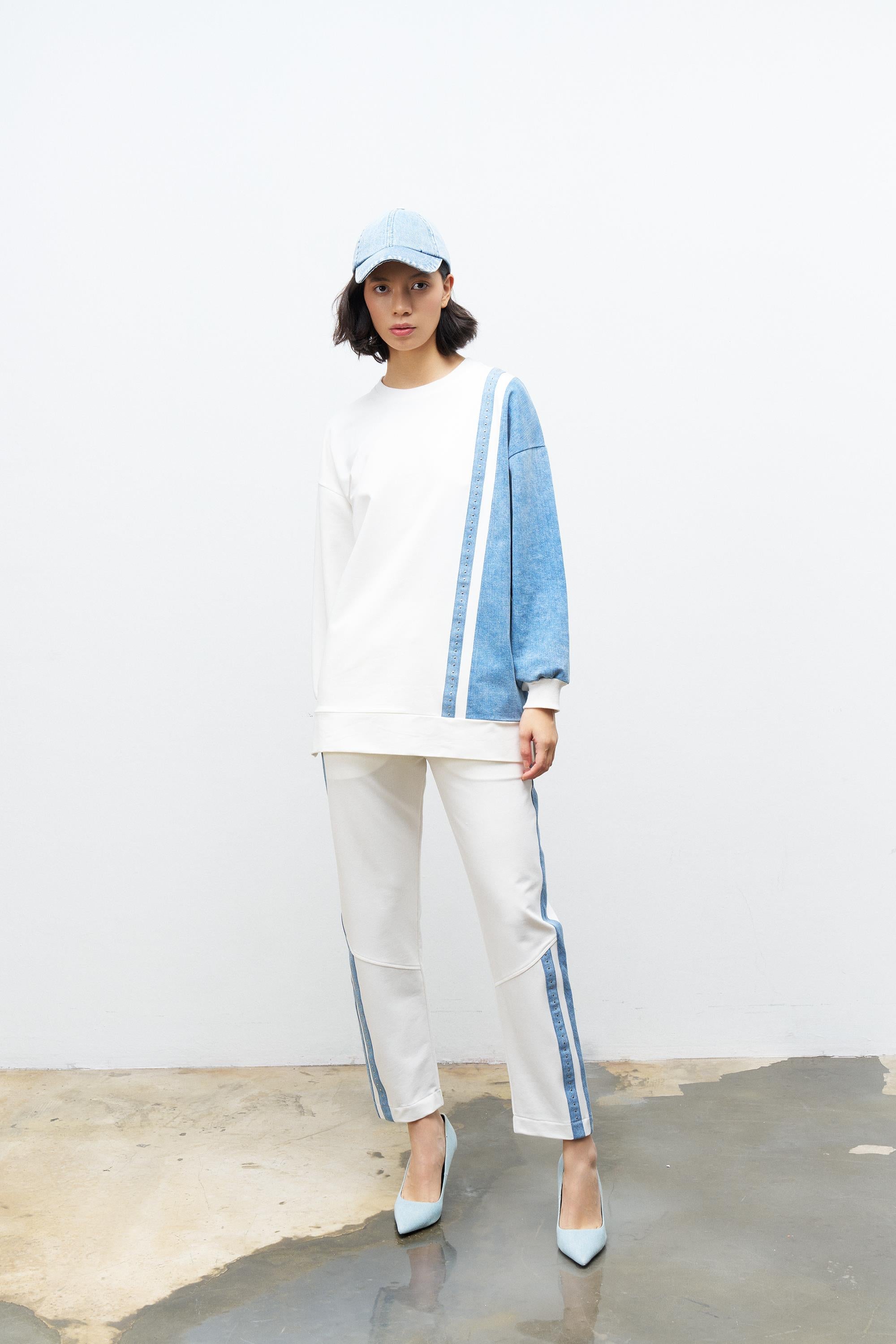 Ekru Kadın  Üst Ve Alt Denim Üzeri Taş Detaylı Pamuklu Örme Alt Üst Takım