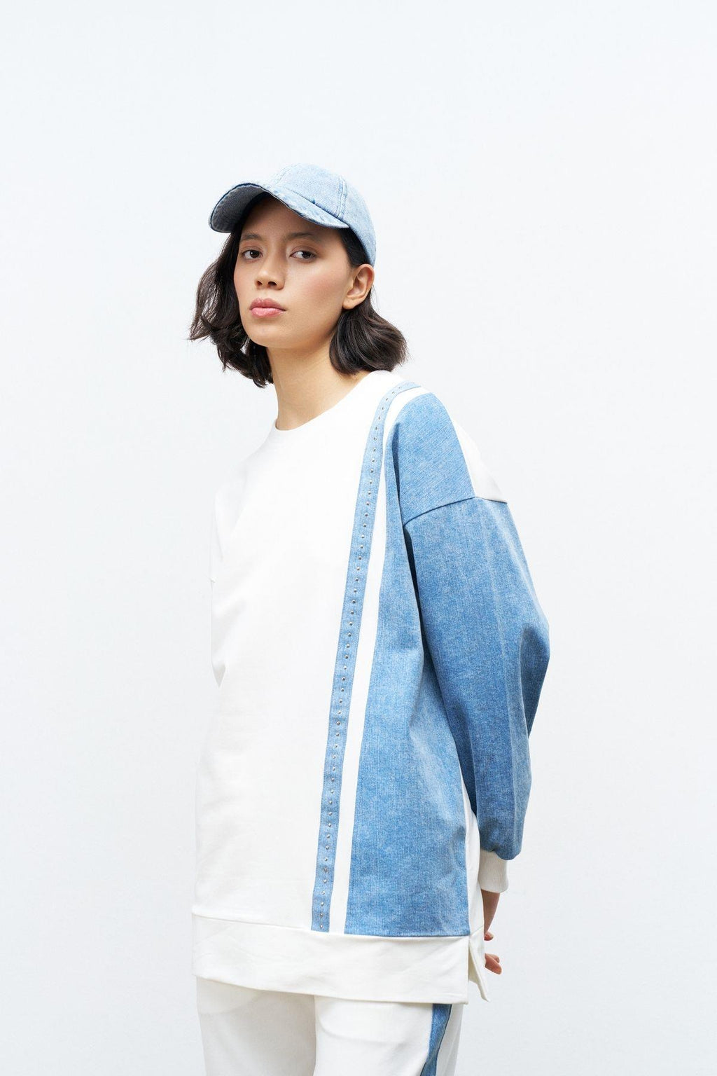 Ekru Kadın  Üst Ve Alt Denim Üzeri Taş Detaylı Pamuklu Örme Alt Üst Takım