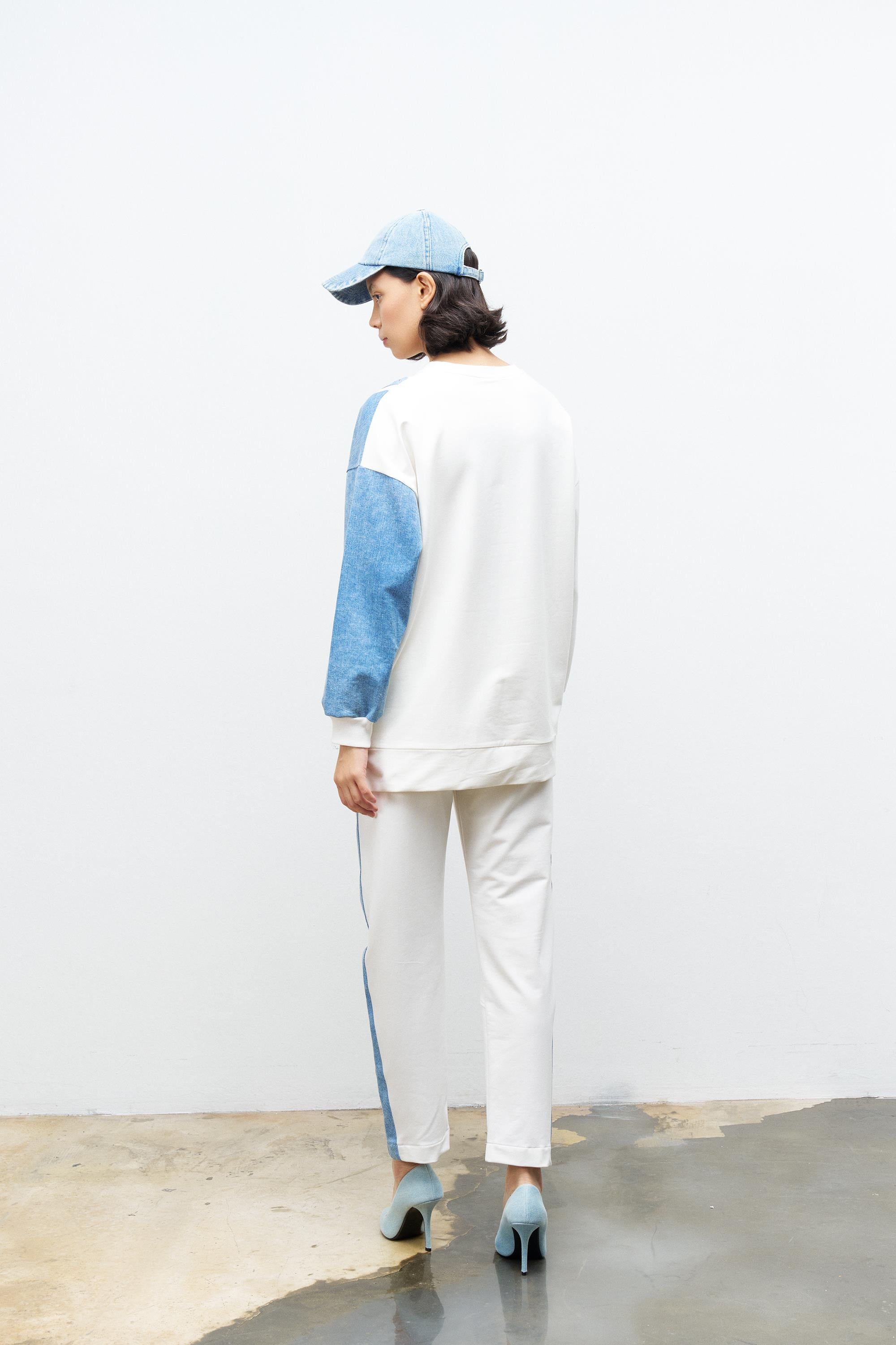 Ekru Kadın  Üst Ve Alt Denim Üzeri Taş Detaylı Pamuklu Örme Alt Üst Takım