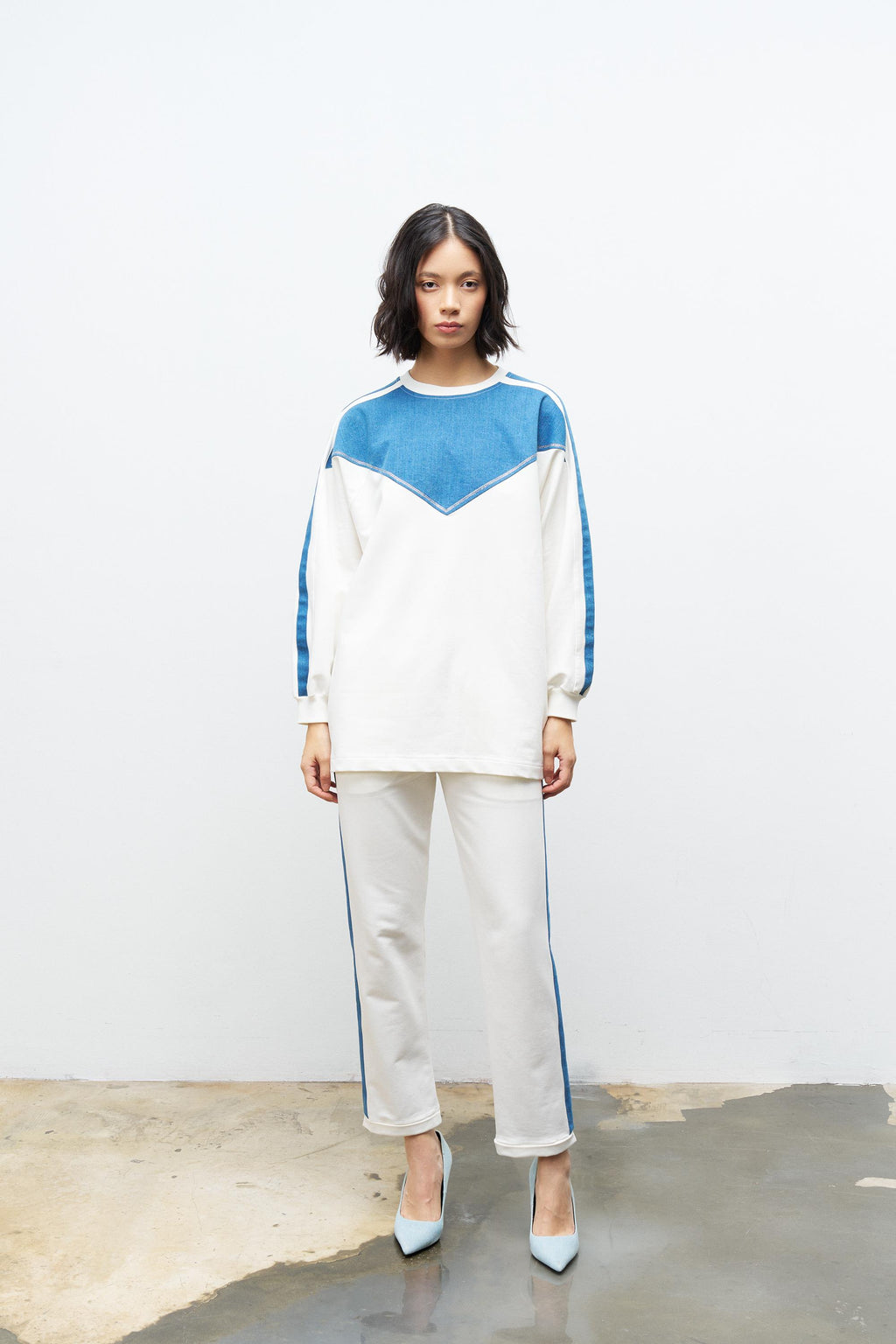 Ekru Kadın Üst Ve Pantolon Denim Garnili Taş Detaylı Pamuklu Örme Altt Üst Takım