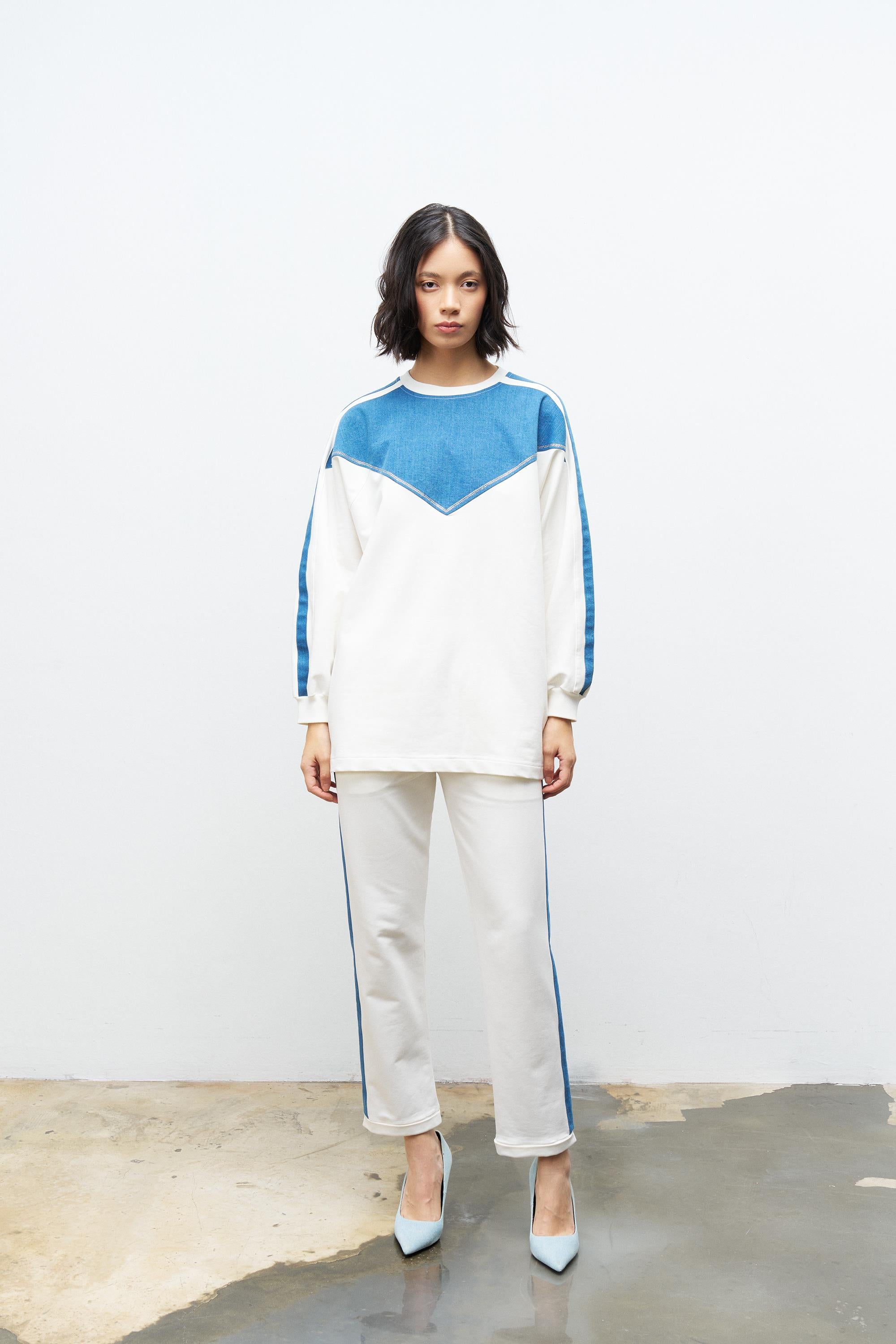 Ekru Kadın Üst Ve Pantolon Denim Garnili Taş Detaylı Pamuklu Örme Altt Üst Takım