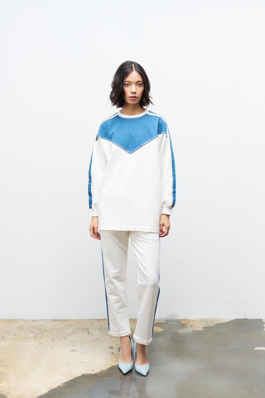 Ekru Kadın Üst Ve Pantolon Denim Garnili Taş Detaylı Pamuklu Örme Altt Üst Takım