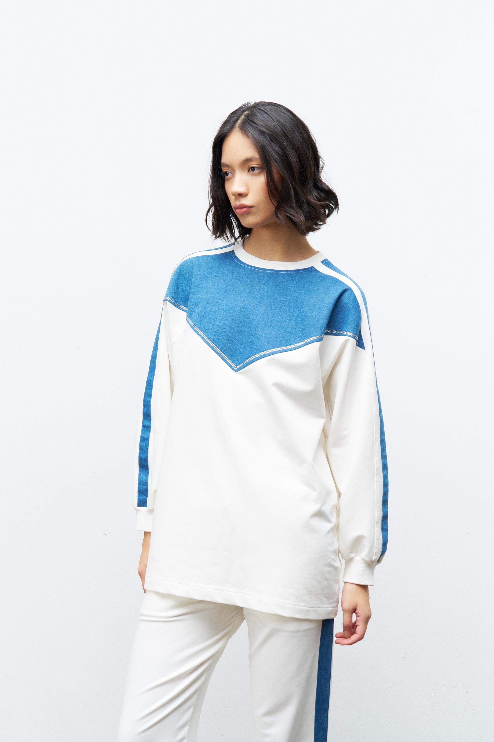 Ekru Kadın Üst Ve Pantolon Denim Garnili Taş Detaylı Pamuklu Örme Altt Üst Takım