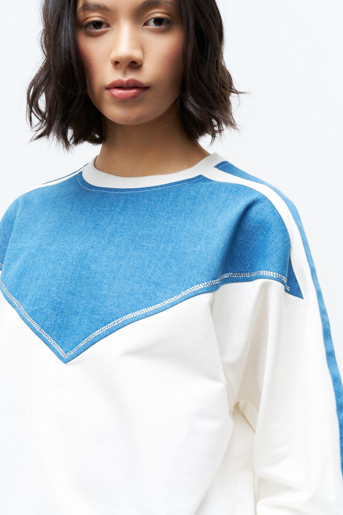 Ekru Kadın Üst Ve Pantolon Denim Garnili Taş Detaylı Pamuklu Örme Altt Üst Takım