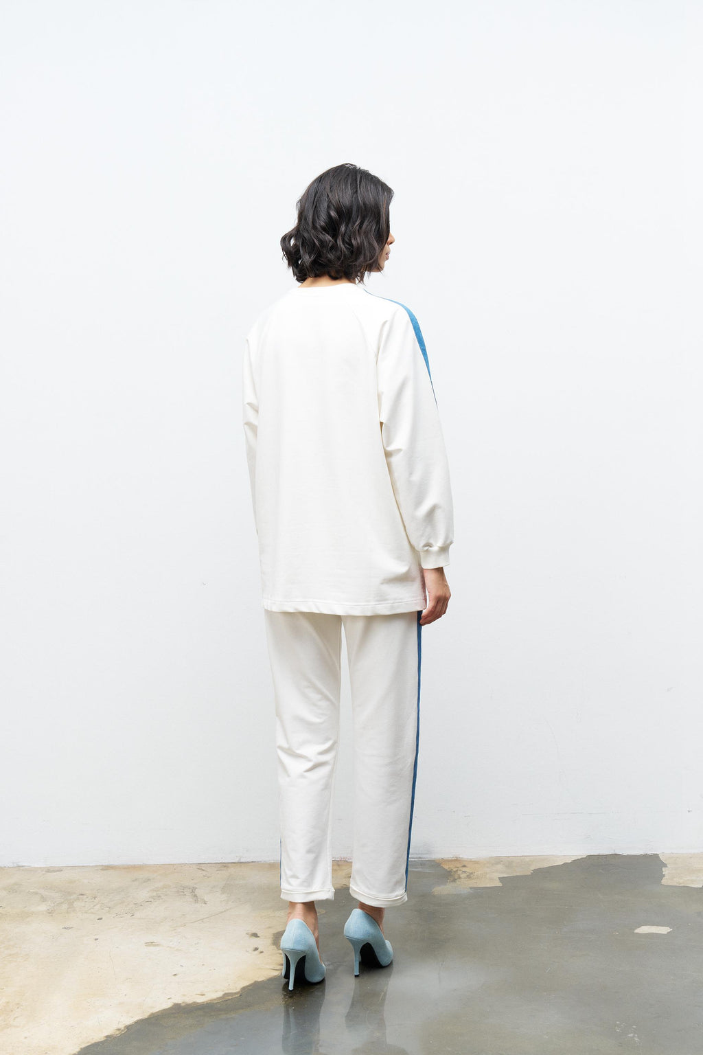 Ekru Kadın Üst Ve Pantolon Denim Garnili Taş Detaylı Pamuklu Örme Altt Üst Takım