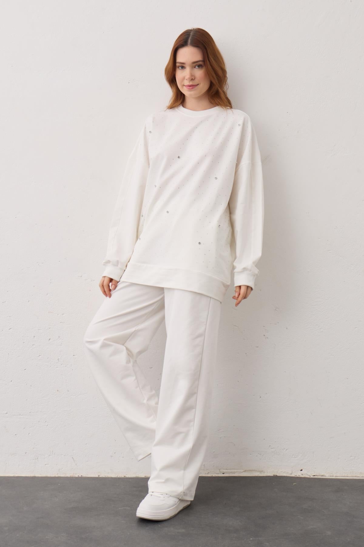 Ekru Taş Detaylı Pamuklu Örme Alt Üst Takım
