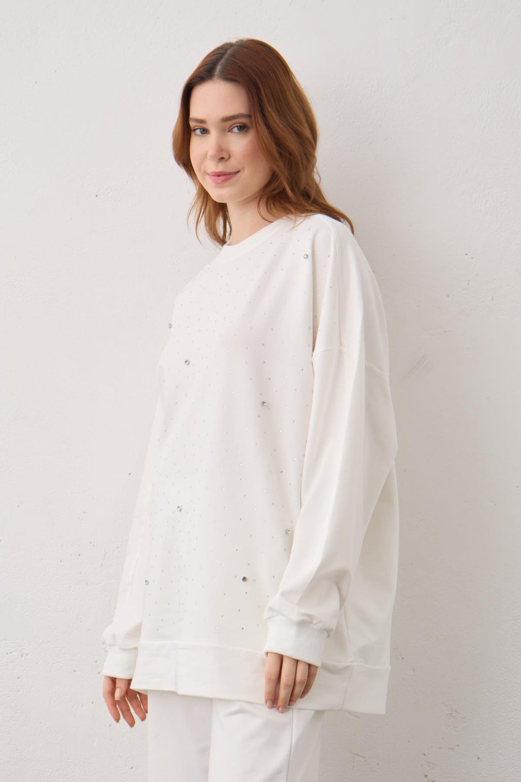 Ekru Taş Detaylı Pamuklu Örme Alt Üst Takım