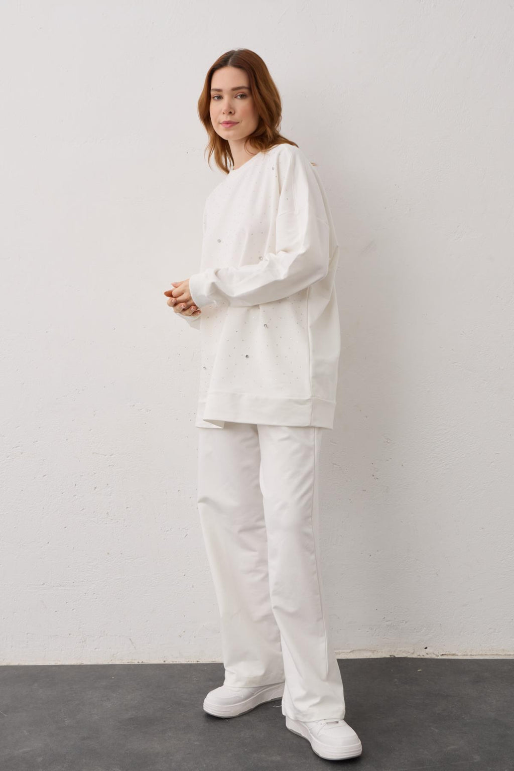 Ekru Taş Detaylı Pamuklu Örme Alt Üst Takım