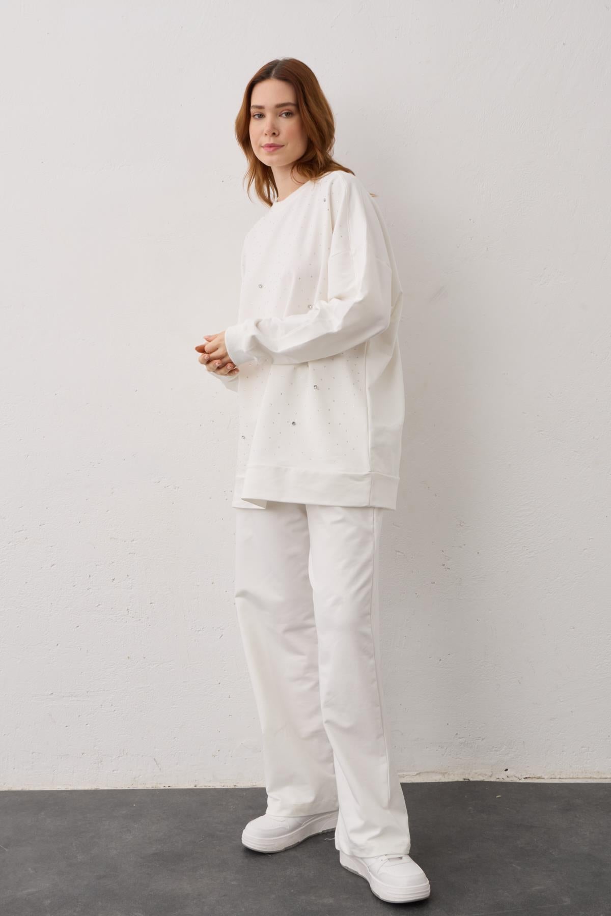 Ekru Taş Detaylı Pamuklu Örme Alt Üst Takım