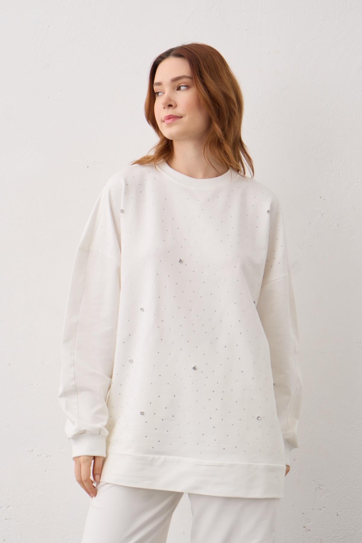 Ekru Taş Detaylı Pamuklu Örme Alt Üst Takım