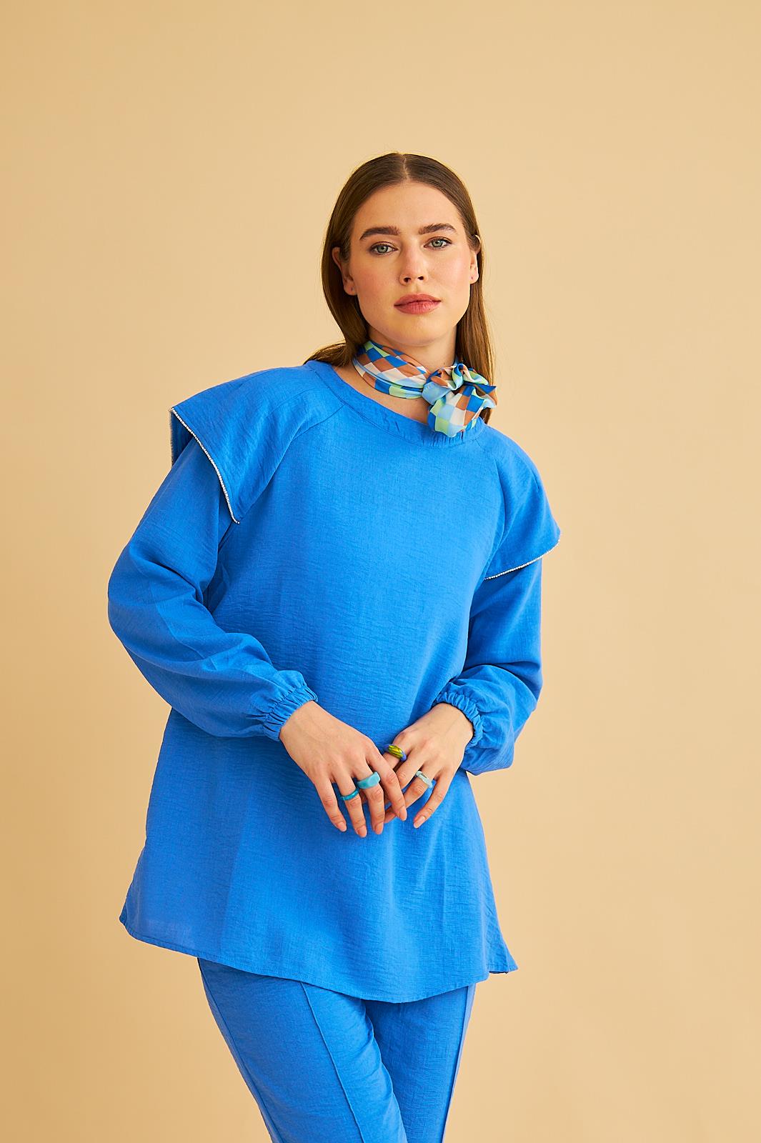 Eles Omuz Taşlı Kolları Büzgülü Keten Mavi Tunik Pantolon Takım